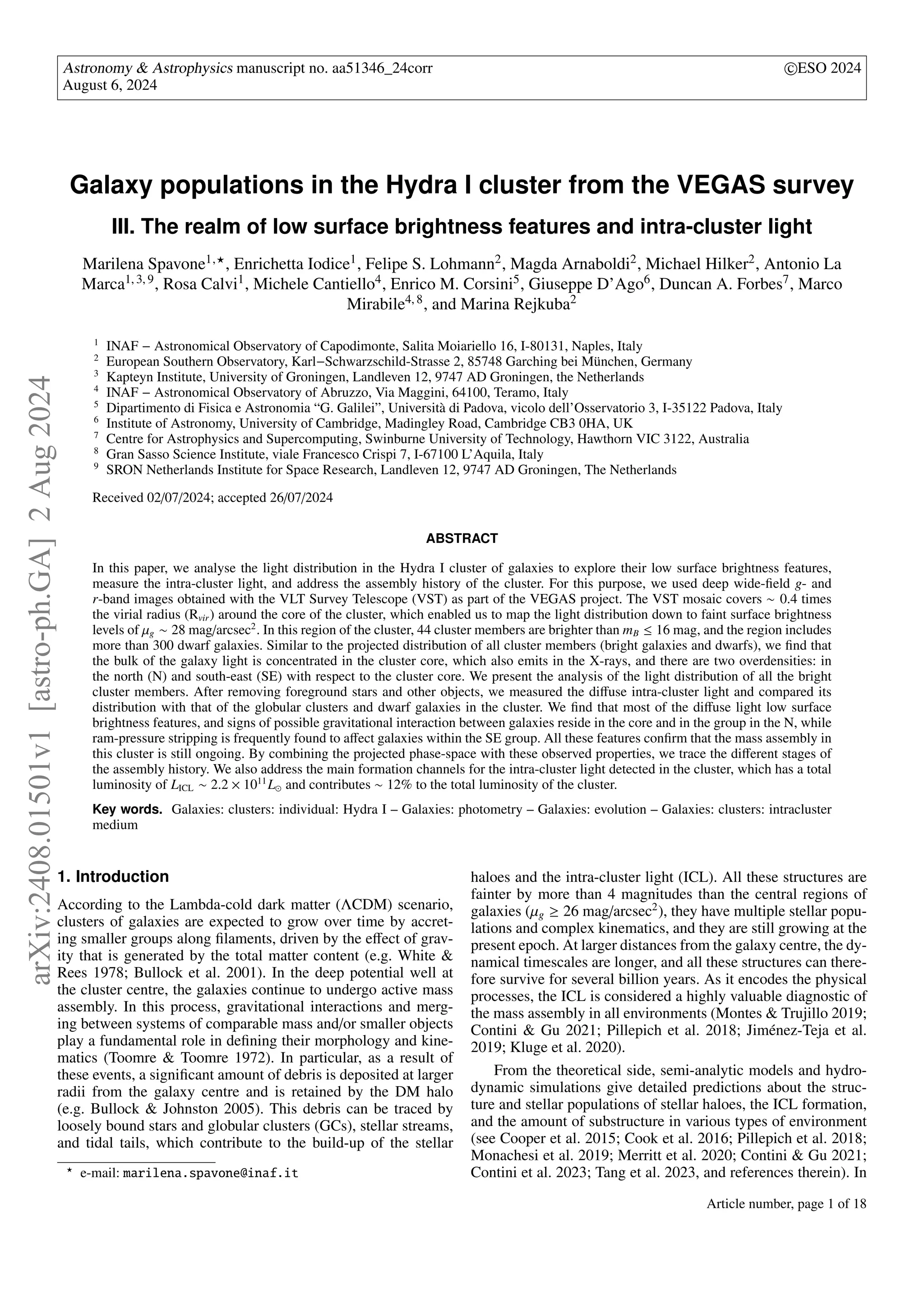 Astronomy & Astrophysics manuscript no. aa51346_24corr ©ESO 2024
August 6, 2024
Galaxy populations in the Hydra I cluster from the VEGAS survey
III. The realm of low surface brightness features and intra-cluster light
Marilena Spavone1,⋆, Enrichetta Iodice1, Felipe S. Lohmann2, Magda Arnaboldi2, Michael Hilker2, Antonio La
Marca1, 3, 9, Rosa Calvi1, Michele Cantiello4, Enrico M. Corsini5, Giuseppe D’Ago6, Duncan A. Forbes7, Marco
Mirabile4, 8, and Marina Rejkuba2
1
INAF − Astronomical Observatory of Capodimonte, Salita Moiariello 16, I-80131, Naples, Italy
2
European Southern Observatory, Karl−Schwarzschild-Strasse 2, 85748 Garching bei München, Germany
3
Kapteyn Institute, University of Groningen, Landleven 12, 9747 AD Groningen, the Netherlands
4
INAF − Astronomical Observatory of Abruzzo, Via Maggini, 64100, Teramo, Italy
5
Dipartimento di Fisica e Astronomia “G. Galilei”, Università di Padova, vicolo dell’Osservatorio 3, I-35122 Padova, Italy
6
Institute of Astronomy, University of Cambridge, Madingley Road, Cambridge CB3 0HA, UK
7
Centre for Astrophysics and Supercomputing, Swinburne University of Technology, Hawthorn VIC 3122, Australia
8
Gran Sasso Science Institute, viale Francesco Crispi 7, I-67100 L’Aquila, Italy
9
SRON Netherlands Institute for Space Research, Landleven 12, 9747 AD Groningen, The Netherlands
Received 02/07/2024; accepted 26/07/2024
ABSTRACT
In this paper, we analyse the light distribution in the Hydra I cluster of galaxies to explore their low surface brightness features,
measure the intra-cluster light, and address the assembly history of the cluster. For this purpose, we used deep wide-field g- and
r-band images obtained with the VLT Survey Telescope (VST) as part of the VEGAS project. The VST mosaic covers ∼ 0.4 times
the virial radius (Rvir) around the core of the cluster, which enabled us to map the light distribution down to faint surface brightness
levels of µg ∼ 28 mag/arcsec2
. In this region of the cluster, 44 cluster members are brighter than mB ≤ 16 mag, and the region includes
more than 300 dwarf galaxies. Similar to the projected distribution of all cluster members (bright galaxies and dwarfs), we find that
the bulk of the galaxy light is concentrated in the cluster core, which also emits in the X-rays, and there are two overdensities: in
the north (N) and south-east (SE) with respect to the cluster core. We present the analysis of the light distribution of all the bright
cluster members. After removing foreground stars and other objects, we measured the diffuse intra-cluster light and compared its
distribution with that of the globular clusters and dwarf galaxies in the cluster. We find that most of the diffuse light low surface
brightness features, and signs of possible gravitational interaction between galaxies reside in the core and in the group in the N, while
ram-pressure stripping is frequently found to affect galaxies within the SE group. All these features confirm that the mass assembly in
this cluster is still ongoing. By combining the projected phase-space with these observed properties, we trace the different stages of
the assembly history. We also address the main formation channels for the intra-cluster light detected in the cluster, which has a total
luminosity of LICL ∼ 2.2 × 1011
L⊙ and contributes ∼ 12% to the total luminosity of the cluster.
Key words. Galaxies: clusters: individual: Hydra I – Galaxies: photometry – Galaxies: evolution – Galaxies: clusters: intracluster
medium
1. Introduction
According to the Lambda-cold dark matter (ΛCDM) scenario,
clusters of galaxies are expected to grow over time by accret-
ing smaller groups along filaments, driven by the effect of grav-
ity that is generated by the total matter content (e.g. White &
Rees 1978; Bullock et al. 2001). In the deep potential well at
the cluster centre, the galaxies continue to undergo active mass
assembly. In this process, gravitational interactions and merg-
ing between systems of comparable mass and/or smaller objects
play a fundamental role in defining their morphology and kine-
matics (Toomre & Toomre 1972). In particular, as a result of
these events, a significant amount of debris is deposited at larger
radii from the galaxy centre and is retained by the DM halo
(e.g. Bullock & Johnston 2005). This debris can be traced by
loosely bound stars and globular clusters (GCs), stellar streams,
and tidal tails, which contribute to the build-up of the stellar
⋆
e-mail: marilena.spavone@inaf.it
haloes and the intra-cluster light (ICL). All these structures are
fainter by more than 4 magnitudes than the central regions of
galaxies (µg ≥ 26 mag/arcsec2
), they have multiple stellar popu-
lations and complex kinematics, and they are still growing at the
present epoch. At larger distances from the galaxy centre, the dy-
namical timescales are longer, and all these structures can there-
fore survive for several billion years. As it encodes the physical
processes, the ICL is considered a highly valuable diagnostic of
the mass assembly in all environments (Montes & Trujillo 2019;
Contini & Gu 2021; Pillepich et al. 2018; Jiménez-Teja et al.
2019; Kluge et al. 2020).
From the theoretical side, semi-analytic models and hydro-
dynamic simulations give detailed predictions about the struc-
ture and stellar populations of stellar haloes, the ICL formation,
and the amount of substructure in various types of environment
(see Cooper et al. 2015; Cook et al. 2016; Pillepich et al. 2018;
Monachesi et al. 2019; Merritt et al. 2020; Contini & Gu 2021;
Contini et al. 2023; Tang et al. 2023, and references therein). In
Article number, page 1 of 18
arXiv:2408.01501v1
[astro-ph.GA]
2
Aug
2024
 