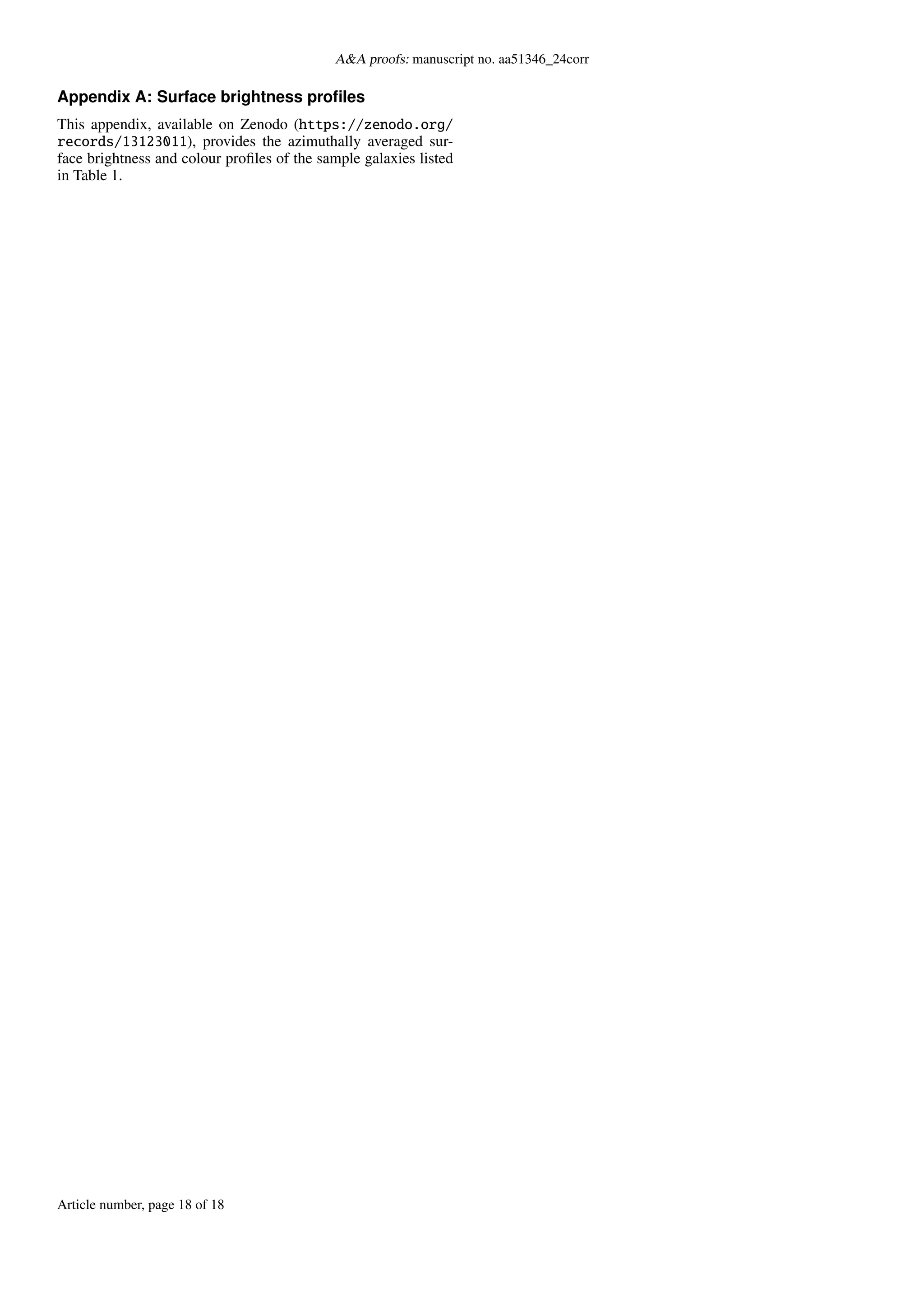 A&A proofs: manuscript no. aa51346_24corr
Appendix A: Surface brightness profiles
This appendix, available on Zenodo (https://zenodo.org/
records/13123011), provides the azimuthally averaged sur-
face brightness and colour profiles of the sample galaxies listed
in Table 1.
Article number, page 18 of 18
 