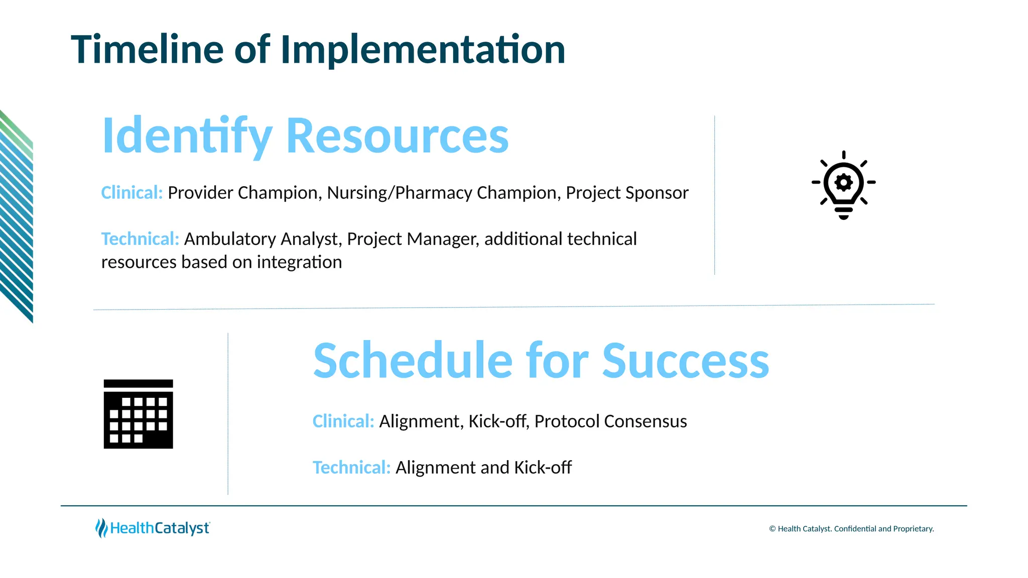 © Health Catalyst. Confidential and Proprietary.
Timeline of Implementation
Identify Resources
Schedule for Success
Clinical: Alignment, Kick-off, Protocol Consensus
Technical: Alignment and Kick-off
Clinical: Provider Champion, Nursing/Pharmacy Champion, Project Sponsor
Technical: Ambulatory Analyst, Project Manager, additional technical
resources based on integration
 