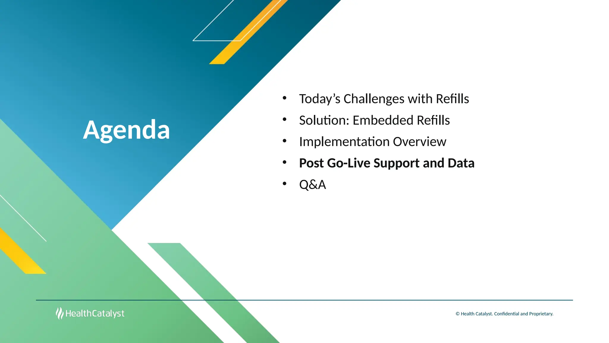 Agenda
© Health Catalyst. Confidential and Proprietary.
• Today’s Challenges with Refills
• Solution: Embedded Refills
• Implementation Overview
• Post Go-Live Support and Data
• Q&A
 