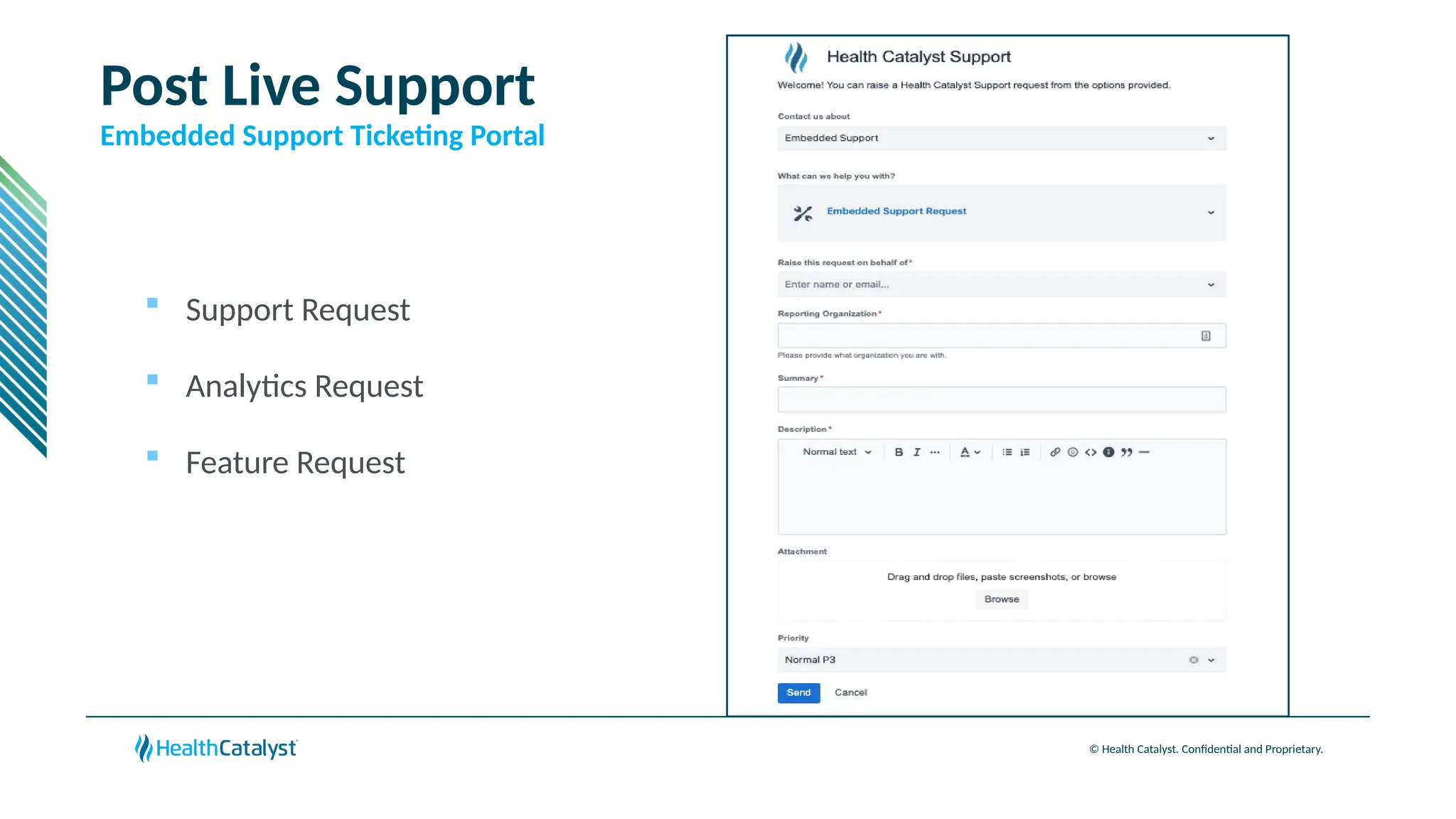 © Health Catalyst. Confidential and Proprietary.
Post Live Support
 Support Request
 Analytics Request
 Feature Request
Embedded Support Ticketing Portal
 