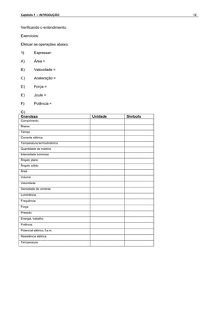Capítulo 1 – INTRODUÇÃO 12
Verificando o entendimento:
Exercícios:
Efetuar as operações abaixo.
1) Expressar:
A) Área =
B) Velocidade =
C) Aceleração =
D) Força =
E) Joule =
F) Potência =
G)
Grandeza Unidade Símbolo
Comprimento
Massa
Tempo
Corrente elétrica
Temperatura termodinâmica
Quantidade de matéria
Intensidade luminosa
Ângulo plano
Ângulo sólido
Área
Volume
Velocidade
Densidade de corrente
Luminância
Frequência
Força
Pressão
Energia, trabalho
Potência
Potencial elétrico, f.e.m.
Resistência elétrica
Temperatura
 
