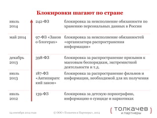 Блокировки шагают по стране 
© ООО «Толкачев и Партнеры», 2014 
июль 
2014 
242-ФЗ блокировка за неисполнение обязанности по 
хранению персональных данных в России 
май 2014 97-ФЗ «Закон 
о блогерах» 
блокировка за неисполнение обязанностей 
«организатора распространения 
информации» 
декабрь 
2013 
398-ФЗ блокировка за распространение призывов к 
массовым беспорядкам, экстремисткой 
деятельности и т.д. 
июль 
2013 
187-ФЗ 
«Антипиратс 
кий закон» 
блокировка за распространение фильмов и 
информации, необходимой для их получения 
июль 
2012 
139-ФЗ блокировка за детскую порнографию, 
информацию о суициде и наркотиках 
24 сентября 2014 года 
 