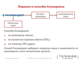 Порядок и способы блокировок 
Хостинг- 
провайдер 
Способы блокировок: 
1. по доменному имени; 
2. по указателю страниц сайтов (URL); 
3. по сетевому (IP) адресу. 
Способ блокировки выбирает оператор связи в зависимости от 
имеющихся у него технических средств. 
© ООО «Толкачев и Партнеры», 2014 
Администратор 
сайта 
Операторы 
связи 
24 сентября 2014 года 
 