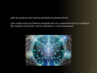 ¿No les parece que hemos perdido la perspectiva? 
¿No creen que nos hemos olvidado de ver y experimentar la totalidad 
de nuestra condición como individuos y como especie? 
 