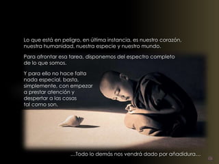 Lo que está en peligro, en última instancia, es nuestro corazón, 
nuestra humanidad, nuestra especie y nuestro mundo. 
Para afrontar esa tarea, disponemos del espectro completo 
de lo que somos. 
Y para ello no hace falta 
nada especial, basta, 
simplemente, con empezar 
a prestar atención y 
despertar a las cosas 
tal como son. 
…Todo lo demás nos vendrá dado por añadidura… 
 