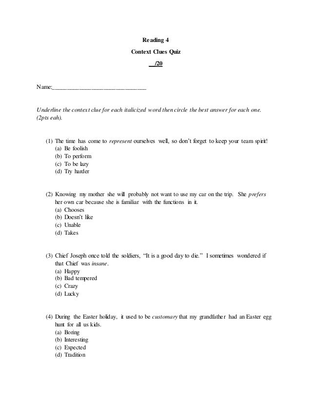 Reading 4 Context Clues Quiz Spring 2015
