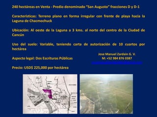 240 hectáreas en Venta - Predio denominado “San Augusto” fracciones D y D-1

Características: Terreno plano en forma irregular con frente de playa hacia la
Laguna de Chacmochuck

Ubicación: Al oeste de la Laguna a 3 kms. al norte del centro de la Ciudad de
Cancún

Uso del suelo: Variable, teniendo carta de autorización de 10 cuartos por
hectárea
                                                  Jose Manuel Zardain G. V.
Aspecto legal: Dos Escrituras Públicas              M: +52 984 876 0387
                                              josemanuelzardainbbr@gmail.com
Precio: USD$ 225,000 por hectárea
 