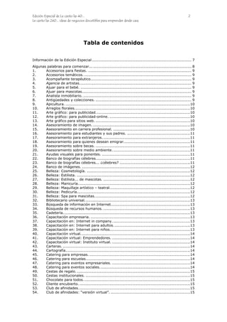 Edición Especial de Le canto las 40... 2
Le canto las 240... ideas de negocios discutibles para emprender desde casa
Tabla de contenidos
Información de la Edición Especial ............................................................................... 7
Algunas palabras para comenzar... .............................................................................. 8
1. Accesorios para fiestas. .................................................................................. 9
2. Accesorios temáticos. ..................................................................................... 9
3. Acompañante terapéutico................................................................................ 9
4. Agencia de artistas......................................................................................... 9
5. Ajuar para el bebé. ........................................................................................ 9
6. Ajuar para mascotas....................................................................................... 9
7. Analista inmobiliario. ...................................................................................... 9
8. Antigüedades y colecciones. ............................................................................ 9
9. Apicultura. ...................................................................................................10
10. Arreglos florales............................................................................................10
11. Arte gráfico: para publicidad...........................................................................10
12. Arte gráfico: para publicidad-online. ................................................................10
13. Arte gráfico para sitios web. ...........................................................................10
14. Asesoramiento de imagen. .............................................................................10
15. Asesoramiento en carrera profesional. .............................................................10
16. Asesoramiento para estudiantes y sus padres. ..................................................11
17. Asesoramiento para extranjeros......................................................................11
18. Asesoramiento para quienes desean emigrar.....................................................11
19. Asesoramiento sobre becas. ...........................................................................11
20. Asesoramiento sobre medio ambiente. .............................................................11
21. Ayudas visuales para ponentes. ......................................................................11
22. Banco de biografías célebres...........................................................................11
23. Banco de biografías célebres... ¿célebres? ........................................................11
24. Banco de imágenes. ......................................................................................12
25. Belleza: Cosmetología. ..................................................................................12
26. Belleza: Estilista. ..........................................................................................12
27. Belleza: Estilista... de mascotas. .....................................................................12
28. Belleza: Manicuría.........................................................................................12
29. Belleza: Maquillaje artístico – teatral................................................................12
30. Belleza: Pedicuría..........................................................................................12
31. Belleza: Spa para mascotas............................................................................12
32. Bibliotecario universal....................................................................................13
33. Búsqueda de información en Internet...............................................................13
34. Búsqueda de recursos humanos. .....................................................................13
35. Cadetería.....................................................................................................13
36. Capacitación empresaria. ...............................................................................13
37. Capacitación en: Internet in company. .............................................................13
38. Capacitación en: Internet para adultos.............................................................13
39. Capacitación en: Internet para niños................................................................13
40. Capacitación virtual.......................................................................................14
41. Capacitación virtual: Emprendedores. ..............................................................14
42. Capacitación virtual: Instituto virtual. ..............................................................14
43. Carteras. .....................................................................................................14
44. Cartografía...................................................................................................14
45. Catering para empresas. ................................................................................14
46. Catering para escuelas...................................................................................14
47. Catering para eventos empresariales. ..............................................................14
48. Catering para eventos sociales........................................................................14
49. Cestas de regalo. ..........................................................................................15
50. Cestas institucionales. ...................................................................................15
51. Chocolate para todos.....................................................................................15
52. Cliente encubierto. ........................................................................................15
53. Club de afinidades.........................................................................................15
54. Club de afinidades: “versión virtual”. ...............................................................15
 