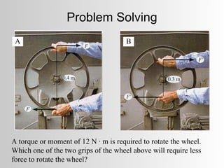 Problem Solving
 A                                    B




A torque or moment of 12 N · m is required to rotate the wheel.
Which one of the two grips of the wheel above will require less
force to rotate the wheel?
 