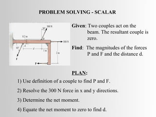 PROBLEM SOLVING - SCALAR

                          Given: Two couples act on the
                                 beam. The resultant couple is
                                 zero.
                          Find: The magnitudes of the forces
                                P and F and the distance d.


                          PLAN:
1) Use definition of a couple to find P and F.
2) Resolve the 300 N force in x and y directions.
3) Determine the net moment.
4) Equate the net moment to zero to find d.
 
