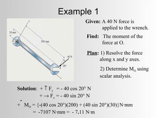 Example 1
                              Given: A 40 N force is
                                     applied to the wrench.
                               Find: The moment of the
                                     force at O.
                               Plan: 1) Resolve the force
                                     along x and y axes.
                                    2) Determine MO using
                                    scalar analysis.

Solution: + ↑ Fy = - 40 cos 20° N
          + → Fx = - 40 sin 20° N
+ MO = {-(40 cos 20°)(200) + (40 sin 20°)(30)}N·mm
     = -7107 N·mm = - 7.11 N·m
 