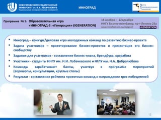 • Инноград – конкурс/деловая игра молодежных команд по развитию бизнес-проекта 
• Задача участников – проектирование бизнес-проектов и презентация его бизнес- 
сообществу 
• Задания для участников - составление бизнес-плана, брендбука, оргработа 
• Участники - студенты ННГУ им. Н.И. Лобачевского и НГЛУ им. Н.А. Добролюбова 
• Команды зарабатывают баллы, участвуя в программе мероприятий 
(воркшопы, консультации, круглые столы) 
• Результат - составление рейтинга проектных команд и награждение трех победителей 
12 
Программа № 5: Образовательная игра 
«ИННОГРАД-3: «Генерация» (IGENERATION) 
18 ноября – 12декабря 
ННГУ Бизнес-инкубатор, пр-т Ленина 25a 
www.innofest.unn.ru/regigen/ 
ИННОГРАД 
 