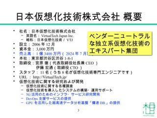 日本仮想化技術株式会社 概要
• 社名：日本仮想化技術株式会社
– 英語名： VirtualTech Japan Inc.
– 略称：日本仮想化技術／ VTJ
• 設立： 2006 年 12 月
• 資本金： 3,000 万円
• 売上高： 1 億 3400 万円（ 2024 年 7 月期）
• 本社：東京都渋谷区渋谷 1-8-1
• 取締役：宮原 徹（代表取締役社長兼 CEO ）
• 伊藤 宏通（取締役 CTO ）
• スタッフ： 11 名（うち 8 名が仮想化技術専門エンジニアです）
• URL ： http://VirtualTech.jp/
• 仮想化技術に関する研究および開発
– 仮想化技術に関する各種調査
– 仮想化技術を導入したシステムの構築・運用サポート
– 5G 活用のためのインフラ・サービス研究開発
– DevOps 支援サービスの提供
– GPU を活用した超高速データ分析基盤「爆速 DB 」の提供
ベンダーニュートラル
な独立系仮想化技術の
エキスパート集団
3
 
