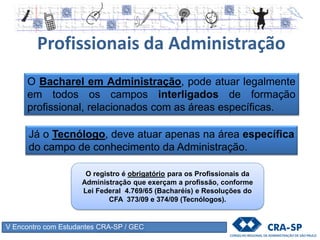 V Encontro com Estudantes CRA-SP / GEC
Profissionais da Administração
O registro é obrigatório para os Profissionais da
Administração que exerçam a profissão, conforme
Lei Federal 4.769/65 (Bacharéis) e Resoluções do
CFA 373/09 e 374/09 (Tecnólogos).
O Bacharel em Administração, pode atuar legalmente
em todos os campos interligados de formação
profissional, relacionados com as áreas específicas.
Já o Tecnólogo, deve atuar apenas na área específica
do campo de conhecimento da Administração.
 