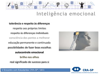 V Encontro com Estudantes – Grupo de Excelência em Coaching
proatividade
cocriar
escutar e falar na hora certa
capacidade de lidar com seus pares para atingir metas
confiança
compartilhar para reinar
transparência
cooperação
metas claras
utilizar suas habilidades e talentos para fazer outros crescerem
Trabalho em equipe
 