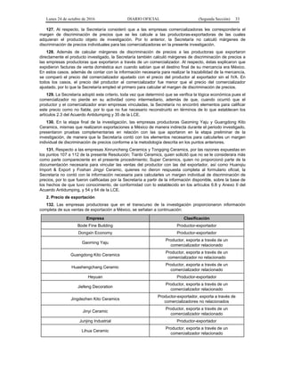 Lunes 24 de octubre de 2016 DIARIO OFICIAL (Segunda Sección) 33
127. Al respecto, la Secretaría consideró que a las empresas comercializadoras les correspondería el
margen de discriminación de precios que se les calcule a las productoras-exportadoras de las cuales
adquieran el producto objeto de investigación. Por lo anterior, la Secretaría no calculó márgenes de
discriminación de precios individuales para las comercializadoras en la presente investigación.
128. Además de calcular márgenes de discriminación de precios a las productoras que exportaron
directamente el producto investigado, la Secretaría también calculó márgenes de discriminación de precios a
las empresas productoras que exportaron a través de un comercializador. Al respecto, éstas explicaron que
expidieron facturas de venta doméstica aun cuando sabían que el destino final de su mercancía era México.
En estos casos, además de contar con la información necesaria para realizar la trazabilidad de la mercancía,
se comparó el precio del comercializador ajustado con el precio del productor al exportador sin el IVA. En
todos los casos, el precio del productor al comercializador fue menor que el precio del comercializador
ajustado, por lo que la Secretaría empleó el primero para calcular el margen de discriminación de precios.
129. La Secretaría adoptó este criterio, toda vez que determinó que se verifica la lógica económica pues el
comercializador no pierde en su actividad como intermediario, además de que, cuando ocurrió que el
productor y el comercializador eran empresas vinculadas, la Secretaría no encontró elementos para calificar
este precio como no fiable, por lo que no fue necesario reconstruirlo en términos de lo que establecen los
artículos 2.3 del Acuerdo Antidumping y 35 de la LCE.
130. En la etapa final de la investigación, las empresas productoras Gaoming Yaju y Guangdong Kito
Ceramics, mismas que realizaron exportaciones a México de manera indirecta durante el periodo investigado,
presentaron pruebas complementarias en relación con las que aportaron en la etapa preliminar de la
investigación, de manera que la Secretaría contó con los elementos necesarios para calcularles un margen
individual de discriminación de precios conforme a la metodología descrita en los puntos anteriores.
131. Respecto a las empresas Xinruncheng Ceramics y Tongqing Ceramics, por las razones expuestas en
los puntos 107 a 112 de la presente Resolución; Tianbi Ceramics, quien solicitó que no se le considerara más
como parte compareciente en el presente procedimiento; Super Ceramics, quien no proporcionó parte de la
documentación necesaria para vincular las ventas del productor con las del exportador, así como Huanqiu
Import & Export y Foshan Jingyi Ceramic, quienes no dieron respuesta completa al formulario oficial, la
Secretaría no contó con la información necesaria para calcularles un margen individual de discriminación de
precios, por lo que fueron calificadas por la Secretaría a partir de la información disponible, sobre la base de
los hechos de que tuvo conocimiento, de conformidad con lo establecido en los artículos 6.8 y Anexo II del
Acuerdo Antidumping, y 54 y 64 de la LCE.
2. Precio de exportación
132. Las empresas productoras que en el transcurso de la investigación proporcionaron información
completa de sus ventas de exportación a México, se señalan a continuación:
Empresa Clasificación
Bode Fine Building Productor-exportador
Dongxin Economy Productor-exportador
Gaoming Yaju
Productor, exporta a través de un
comercializador relacionado
Guangdong Kito Ceramics
Productor, exporta a través de un
comercializador no relacionado
Huashengchang Ceramic
Productor, exporta a través de un
comercializador relacionado
Heyuan Productor-exportador
Jiefeng Decoration
Productor, exporta a través de un
comercializador relacionado
Jingdezhen Kito Ceramics
Productor-exportador, exporta a través de
comercializadores no relacionados
Jinyi Ceramic
Productor, exporta a través de un
comercializador relacionado
Junjing Industrial Productor-exportador
Lihua Ceramic
Productor, exporta a través de un
comercializador relacionado
 