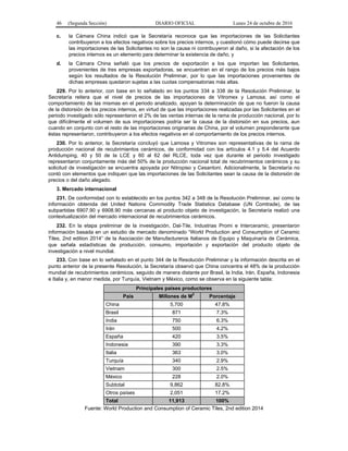46 (Segunda Sección) DIARIO OFICIAL Lunes 24 de octubre de 2016
c. la Cámara China indicó que la Secretaría reconoce que las importaciones de las Solicitantes
contribuyeron a los efectos negativos sobre los precios internos, y cuestionó cómo puede decirse que
las importaciones de las Solicitantes no son la causa ni contribuyeron al daño, si la afectación de los
precios internos es un elemento para determinar la existencia de daño, y
d. la Cámara China señaló que los precios de exportación a los que importan las Solicitantes,
provenientes de tres empresas exportadoras, se encuentran en el rango de los precios más bajos
según los resultados de la Resolución Preliminar, por lo que las importaciones provenientes de
dichas empresas quedaron sujetas a las cuotas compensatorias más altas.
229. Por lo anterior, con base en lo señalado en los puntos 334 a 338 de la Resolución Preliminar, la
Secretaría reitera que el nivel de precios de las importaciones de Vitromex y Lamosa, así como el
comportamiento de las mismas en el periodo analizado, apoyan la determinación de que no fueron la causa
de la distorsión de los precios internos, en virtud de que las importaciones realizadas por las Solicitantes en el
periodo investigado sólo representaron el 2% de las ventas internas de la rama de producción nacional, por lo
que difícilmente el volumen de sus importaciones podría ser la causa de la distorsión en sus precios, aun
cuando en conjunto con el resto de las importaciones originarias de China, por el volumen preponderante que
éstas representaron, contribuyeron a los efectos negativos en el comportamiento de los precios internos.
230. Por lo anterior, la Secretaría concluyó que Lamosa y Vitromex son representativas de la rama de
producción nacional de recubrimientos cerámicos, de conformidad con los artículos 4.1 y 5.4 del Acuerdo
Antidumping, 40 y 50 de la LCE y 60 al 62 del RLCE, toda vez que durante el periodo investigado
representaron conjuntamente más del 50% de la producción nacional total de recubrimientos cerámicos y su
solicitud de investigación se encuentra apoyada por Nitropiso y Cesantoni. Adicionalmente, la Secretaría no
contó con elementos que indiquen que las importaciones de las Solicitantes sean la causa de la distorsión de
precios o del daño alegado.
3. Mercado internacional
231. De conformidad con lo establecido en los puntos 342 a 348 de la Resolución Preliminar, así como la
información obtenida del United Nations Commodity Trade Statistics Database (UN Comtrade), de las
subpartidas 6907.90 y 6908.90 más cercanas al producto objeto de investigación, la Secretaría realizó una
contextualización del mercado internacional de recubrimientos cerámicos.
232. En la etapa preliminar de la investigación, Dal-Tile, Industrias Promi e Interceramic, presentaron
información basada en un estudio de mercado denominado “World Production and Consumption of Ceramic
Tiles, 2nd edition 2014” de la Asociación de Manufactureros Italianos de Equipo y Maquinaría de Cerámica,
que señala estadísticas de producción, consumo, importación y exportación del producto objeto de
investigación a nivel mundial.
233. Con base en lo señalado en el punto 344 de la Resolución Preliminar y la información descrita en el
punto anterior de la presente Resolución, la Secretaría observó que China concentra el 48% de la producción
mundial de recubrimientos cerámicos, seguido de manera distante por Brasil, la India, Irán, España, Indonesia
e Italia y, en menor medida, por Turquía, Vietnam y México, como se observa en la siguiente tabla:
Principales países productores
País Millones de M
2
Porcentaje
China 5,700 47.8%
Brasil 871 7.3%
India 750 6.3%
Irán 500 4.2%
España 420 3.5%
Indonesia 390 3.3%
Italia 363 3.0%
Turquía 340 2.9%
Vietnam 300 2.5%
México 228 2.0%
Subtotal 9,862 82.8%
Otros países 2,051 17.2%
Total 11,913 100%
Fuente: World Production and Consumption of Ceramic Tiles, 2nd edition 2014
 