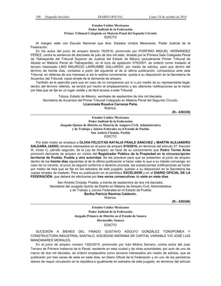 108 (Segunda Sección) DIARIO OFICIAL Lunes 24 de octubre de 2016
Estados Unidos Mexicanos
Poder Judicial de la Federación
Primer Tribunal Colegiado en Materia Penal del Segundo Circuito
EDICTO
Al margen sello con Escudo Nacional que dice: Estados Unidos Mexicanos. Poder Judicial de la
Federación.
En los autos del juicio de amparo directo 78/2016, promovido por PORFIRIO MIGUEL HERNÁNDEZ
PÉREZ, contra la sentencia de diecisiete de julio de dos mil siete, dictada por la Primera Sala Colegiada Penal
de Tlalnepantla del Tribunal Superior de Justicia del Estado de México (actualmente Primer Tribunal de
Alzada en Materia Penal de Tlalnepantla), en el toca de apelación 579/2007, se ordenó correr traslado al
tercero interesado LINO MAURICIO LARRUMBE GALLARDO, por medio de edictos, para que dentro del
término de treinta días, contados a partir del siguiente al de la última publicación, comparezca ante este
Tribunal, en defensa de sus intereses si así lo estima conveniente; queda a su disposición en la Secretaría de
Acuerdos del Tribunal, copia simple de la demanda de amparo.
También se le apercibe para que en caso de no comparecer por sí o por medio de su representante legal,
dentro del término referido, se tendrá por hecho el emplazamiento y las ulteriores notificaciones se le harán
por lista que se fije en un lugar visible y de fácil acceso a este Tribunal.
Toluca, Estado de México, veintiséis de septiembre de dos mil dieciséis.
Secretaria de Acuerdos del Primer Tribunal Colegiado en Materia Penal del Segundo Circuito.
Licenciada Rosalva Carranza Peña.
Rúbrica.
(R.- 439339)
Estados Unidos Mexicanos
Poder Judicial de la Federación
Juzgado Quinto de Distrito en Materia de Amparo Civil, Administrativa
y de Trabajo y Juicios Federales en el Estado de Puebla
San Andrés Cholula, Puebla
EDICTO
Por este medio se emplaza a OLIVIA FELICITAS NATALIA FRAILE SÁNCHEZ y MARTÍN ALEJANDRO
SALDAÑA JASSO, terceros interesados en el juicio de amparo 919/2016, en términos del artículo 27, fracción
III, inciso c), párrafo segundo, de la Ley de Amparo; se hace de su conocimiento que Pedro Torres Arias
promovió demanda de amparo en contra del Registrador Público de la Propiedad en la circunscripción
territorial de Puebla, Puebla y otra autoridad. Se les previene para que se presenten al juicio de amparo
dentro de los treinta días siguientes al de la última publicación a hacer valer lo que a su interés convenga; en
caso de no hacerlo, el juicio se seguirá conforme a derecho proceda, las subsecuentes notificaciones se harán
por medio de lista que se fije en los estrados de este juzgado; quedan a su disposición en la Secretaría las
copias simples de traslado. Para su publicación en el periódico EXCÉLSIOR y en el DIARIO OFICIAL DE LA
FEDERACIÓN, que deberá de efectuarse por tres veces consecutivas de siete en siete días.
San Andrés Cholula, Puebla, a treinta de septiembre de dos mil dieciséis.
Secretaria del Juzgado Quinto de Distrito en Materia de Amparo Civil, Administrativa
y de Trabajo y Juicios Federales en el Estado de Puebla
Bertha Patricia Ramírez Calderón.
Rúbrica.
(R.- 439348)
Estados Unidos Mexicanos
Poder Judicial de la Federación
Juzgado Primero de Distrito en el Estado de Sonora
Hermosillo, Sonora
EDICTO
SUCESIÓN A BIENES DEL FINADO GUSTAVO ADOLFO GONZÁLEZ TONOPOMEA Y
CONSTRUCTORA INDUSTRIAL SANTALO, SOCIEDAD ANÓNIMA DE CAPITAL VARIABLE Y/O JOSÉ LUIS
MANZANARES MORALES.
En el juicio de amparo número 1302/2015, promovido por Iván Molina Serrano, contra actos del Juez
Tercero de Primera Instancia de lo Penal, residente en esta ciudad y de otras autoridades; por auto de uno de
marzo de dos mil dieciséis, se ordenó emplazarlos como terceros interesados por medio de edictos, que se
publicarán por tres veces de siete en siete días, en Diario Oficial de la Federación y en uno de los periódicos
diarios de mayor circulación en la república e igualmente en estrados de este juzgado, en términos del artículo
 