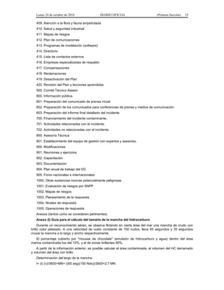 Lunes 24 de octubre de 2016 DIARIO OFICIAL (Primera Sección) 35
409. Atención a la flora y fauna empetrolada
410. Salud y seguridad industrial
411. Mapas de riesgos
412. Plan de comunicaciones
413. Programas de modelación (software)
414. Directorio
415. Lista de contactos externos
416. Empresas especializadas de respaldo
417. Compensaciones
418. Reclamaciones
419. Desactivación del Plan
420. Revisión del Plan y lecciones aprendidas
500. Comité Técnico Asesor
600. Información pública.
601. Preparación del comunicado de prensa inicial
602. Preparación de los comunicados para conferencias de prensa y medios de comunicación
603. Preparación del informe final detallado del incidente
700. Financiamiento del incidente contaminante.
701. Actividades relacionadas con el incidente.
702. Actividades no relacionadas con el incidente.
800. Asesoría Técnica
801. Establecimiento del equipo de gestión con expertos y asesores.
900. Modificaciones
901. Reuniones y ejercicios
902. Capacitación
903. Documentación
904. Plan anual de trabajo del OC
905. Foros nacionales e internacionales
1000. Otras sustancias nocivas potencialmente peligrosas
1001. Evaluación de riesgos por SNPP
1002. Mapas de riesgos
1003. Planeamiento de la respuesta
1004. Niveles de respuesta
1005. Operaciones de respuesta
Anexos (tantos como se consideren pertinentes)
Anexo (I) Guía para el cálculo del tamaño de la mancha del hidrocarburo
Durante un reconocimiento aéreo, se observa flotando en cierta área del mar una mancha de crudo con
brillo color plateado. A una velocidad de vuelo constante de 150 nudos, lleva 65 segundos y 35 segundos
cruzar la mancha a lo largo y ancho respectivamente.
El porcentaje cubierto por "mousse de chocolate" (emulsión de hidrocarburo y agua) dentro del área
marina contaminada fue del 10%, y el de zonas brillantes 90%.
A partir de la información anterior, es posible calcular el área contaminada, el volumen del HC derramado
y volumen del área con brillo:
Determinación del largo de la mancha:
l= (t) (v)/3600=MN= ((65 seg)(150 Nds))/3600=2.7 MN
 