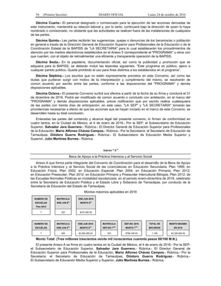 54 (Primera Sección) DIARIO OFICIAL Lunes 24 de octubre de 2016
Décima Cuarta.- El personal designado o comisionado para la ejecución de las acciones derivadas de
este instrumento, mantendrá su relación laboral y, por lo tanto, continuará bajo la dirección de quien lo haya
nombrado o comisionado, no obstante que las actividades se realicen fuera de las instalaciones de cualquiera
de las partes.
Décima Quinta.- Las partes recibirán las sugerencias, quejas o denuncias de los becarios/as o población
en general a través de la Dirección General de Educación Superior para Profesionales de la Educación o de la
Coordinación Estatal de la BAPISS de "LA SECRETARIA" para lo cual establecerán los procedimientos de
atención por los medios electrónicos establecidos en el Anexo 5 correspondiente al "PROGRAMA" u otros con
que cuenten, con el objeto de retroalimentar una eficiente y transparente operación de la BAPISS.
Décima Sexta.- En la papelería, documentación oficial, así como la publicidad y promoción que se
adquiera para la BAPISS, se deberán incluir las leyendas siguientes: "Este programa es público, ajeno a
cualquier partido político. Queda prohibido el uso para fines distintos a los establecidos en el programa”.
Décima Séptima.- Los asuntos que no estén expresamente previstos en este Convenio, así como las
dudas que pudieran surgir con motivo de la interpretación y cumplimiento del mismo, se resolverán de
común acuerdo por escrito entre las partes, conforme a las disposiciones del "PROGRAMA" y demás
disposiciones aplicables.
Décima Octava.- El presente Convenio surtirá sus efectos a partir de la fecha de su firma y concluirá el 31
de diciembre de 2016. Podrá ser modificado de común acuerdo o concluido con antelación, en el marco del
"PROGRAMA" y demás disposiciones aplicables, previa notificación que por escrito realice cualesquiera
de las partes con treinta días de anticipación; en este caso, "LA SEP" y "LA SECRETARIA" tomarán las
providencias necesarias a efecto de que las acciones que se hayan iniciado en el marco de este Convenio, se
desarrollen hasta su total conclusión.
Enteradas las partes del contenido y alcance legal del presente convenio, lo firman de conformidad en
cuatro tantos, en la Ciudad de México, el 4 de enero de 2016.- Por la SEP: el Subsecretario de Educación
Superior, Salvador Jara Guerrero.- Rúbrica.- El Director General de Educación Superior para Profesionales
de la Educación, Mario Alfonso Chávez Campos.- Rúbrica.- Por la Secretaría: el Secretario de Educación de
Tamaulipas, Diódoro Guerra Rodríguez.- Rúbrica.- El Subsecretario de Educación Media Superior y
Superior, Julio Martínez Burnes.- Rúbrica.
Anexo “A”
Beca de Apoyo a la Práctica Intensiva y al Servicio Social
Anexo A que forma parte integrante del Convenio de Coordinación para el desarrollo de la Beca de Apoyo
a la Práctica Intensiva y al Servicio Social de las Licenciaturas en Educación Secundaria, Plan 1999; en
Educación Física, Plan 2002; en Educación Especial, Plan 2004; en Educación Primaria, Plan 2012;
en Educación Preescolar, Plan 2012; en Educación Primaria y Preescolar Intercultural Bilingüe, Plan 2012; de
las Escuelas Normales Públicas en modalidad escolarizada, en el periodo enero-diciembre de 2016, celebrado
entre la Secretaría de Educación Pública y el Estado Libre y Soberano de Tamaulipas, por conducto de la
Secretaría de Educación del Estado de Tamaulipas.
Montos máximos aplicables en 2016
NUMERO DE
ESCUELAS
Plan 2012
MATRICULA
ENE-JUN 6
to
ENE-JUN 2016
MONTO 6
to
7 322 $270,480.00
NUMERO DE
ESCUELAS
MATRICULA
ENE-JUN 8
vo
ENE-JUN 2016
MONTO 8
vo
MATRICULA
SEP-DIC 7
mo
SEP-DIC 2016
MONTO 7
mo
TOTAL DE
BECARIOS
MONTO MAXIMO
EN 2016
7 494 $2,282,280.00 353 $768,180.00 1,169 $3,320,940.00
Monto Total: (Tres millones trescientos veinte mil novecientos cuarenta pesos 00/100 M.N.).
El presente Anexo A se firma en cuatro tantos en la Ciudad de México, el 4 de enero de 2016.- Por la SEP:
el Subsecretario de Educación Superior, Salvador Jara Guerrero.- Rúbrica.- El Director General de
Educación Superior para Profesionales de la Educación, Mario Alfonso Chávez Campos.- Rúbrica.- Por la
Secretaría: el Secretario de Educación de Tamaulipas, Diódoro Guerra Rodríguez.- Rúbrica.-
El Subsecretario de Educación Media Superior y Superior, Julio Martínez Burnes.- Rúbrica.
 
