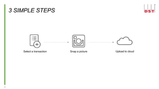 9
3 SIMPLE STEPS
Snap a pictureSelect a transaction Upload to cloud
 