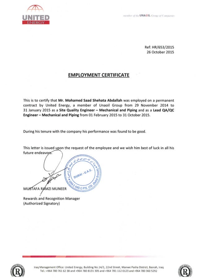 United Energy (Iraq) - Experience Certificate No. 653 - Mohamed Saad