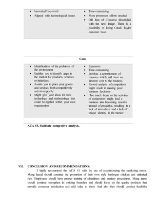 ACA #3. Facilitate competitive analysis.
VII. CONCLUSION AND RECOMMENDATIONS:
I highly recommend the ACA #1 with the use of revolutionizing the marketing mixes.
Mang Inasal should continue the promotion of their own style barbeque chicken and unlimited
rice. Employees should have proper training of cleanliness and sanitary procedures. Mang inasal
should continue strengthen its existing branches and should focus on the quality products that
provide consumer satisfaction and add value to them. And also they should conduct feasibility
 Innovated/Improved
 Aligned with technological issues
 Time-consuming
 More promotion efforts needed
 Old fans of Converse dissatisfied
with the new image. There is a
possibility of losing Chuck Taylor
customer base.
Cons
 Identification of the problems of
the environment
 Enables you to identify gaps in
the market for products, services
or initiatives.
 Assists you to price your goods
and services both competitively
and strategically.
 Might give your ideas for new
technology and methodology that
could be applied within your own
organization.
 Expensive
 Time-consuming
 Involves a commitment of
resource which will have an
inherent cost to the business.
 Flawed analysis of competitors
might result in making poor
business decisions
 Too much focus on the activities
of competitors might lead a
business into becoming reactive
instead of proactive, resulting in a
lack of innovation and a lack of
unique identity in the market
 