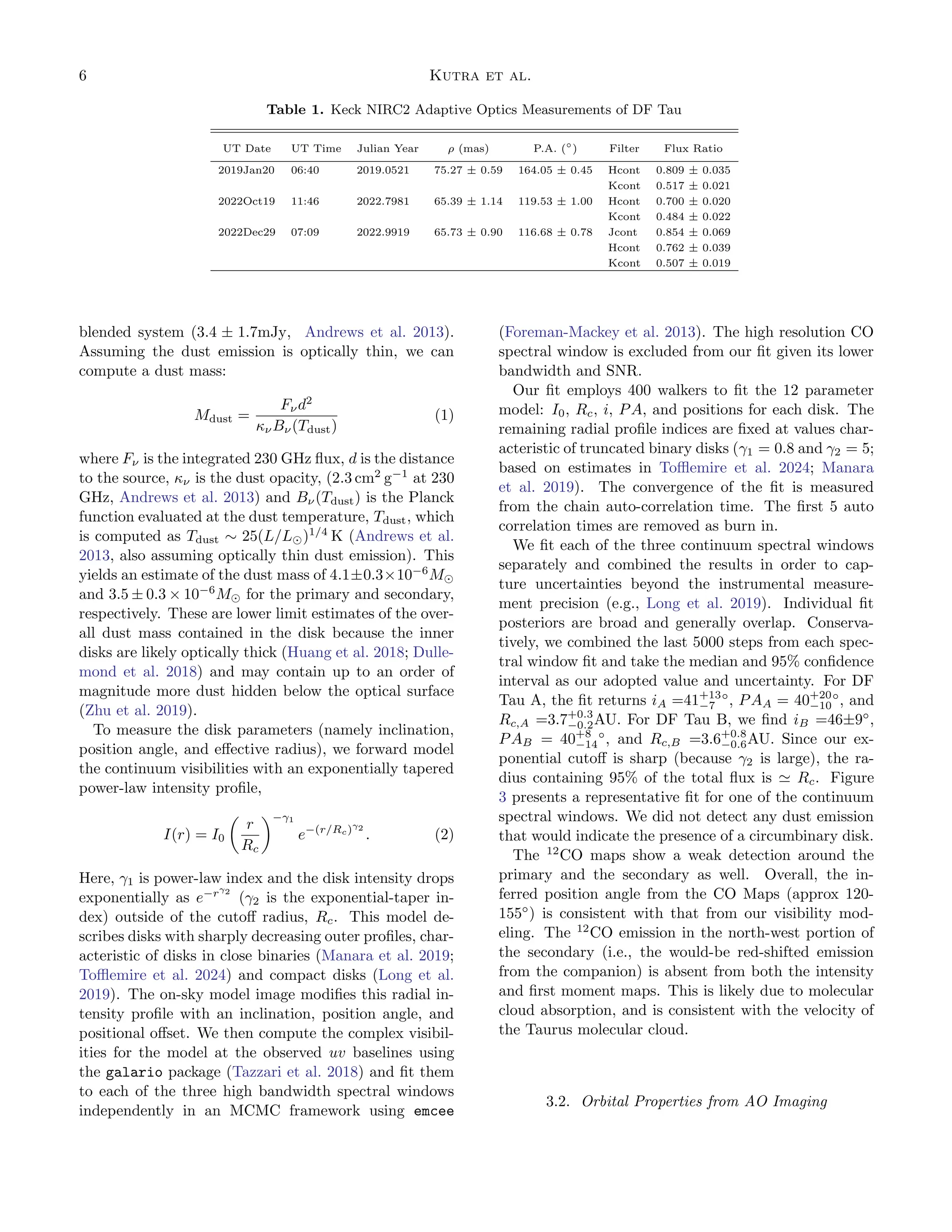 6 Kutra et al.
Table 1. Keck NIRC2 Adaptive Optics Measurements of DF Tau
UT Date UT Time Julian Year ρ (mas) P.A. (◦
) Filter Flux Ratio
2019Jan20 06:40 2019.0521 75.27 ± 0.59 164.05 ± 0.45 Hcont 0.809 ± 0.035
Kcont 0.517 ± 0.021
2022Oct19 11:46 2022.7981 65.39 ± 1.14 119.53 ± 1.00 Hcont 0.700 ± 0.020
Kcont 0.484 ± 0.022
2022Dec29 07:09 2022.9919 65.73 ± 0.90 116.68 ± 0.78 Jcont 0.854 ± 0.069
Hcont 0.762 ± 0.039
Kcont 0.507 ± 0.019
blended system (3.4 ± 1.7mJy, Andrews et al. 2013).
Assuming the dust emission is optically thin, we can
compute a dust mass:
Mdust =
Fνd2
κνBν(Tdust)
(1)
where Fν is the integrated 230 GHz flux, d is the distance
to the source, κν is the dust opacity, (2.3 cm2
g−1
at 230
GHz, Andrews et al. 2013) and Bν(Tdust) is the Planck
function evaluated at the dust temperature, Tdust, which
is computed as Tdust ∼ 25(L/L⊙)1/4
K (Andrews et al.
2013, also assuming optically thin dust emission). This
yields an estimate of the dust mass of 4.1±0.3×10−6
M⊙
and 3.5 ± 0.3 × 10−6
M⊙ for the primary and secondary,
respectively. These are lower limit estimates of the over-
all dust mass contained in the disk because the inner
disks are likely optically thick (Huang et al. 2018; Dulle-
mond et al. 2018) and may contain up to an order of
magnitude more dust hidden below the optical surface
(Zhu et al. 2019).
To measure the disk parameters (namely inclination,
position angle, and effective radius), we forward model
the continuum visibilities with an exponentially tapered
power-law intensity profile,
I(r) = I0

r
Rc
−γ1
e−(r/Rc)γ2
. (2)
Here, γ1 is power-law index and the disk intensity drops
exponentially as e−rγ2
(γ2 is the exponential-taper in-
dex) outside of the cutoff radius, Rc. This model de-
scribes disks with sharply decreasing outer profiles, char-
acteristic of disks in close binaries (Manara et al. 2019;
Tofflemire et al. 2024) and compact disks (Long et al.
2019). The on-sky model image modifies this radial in-
tensity profile with an inclination, position angle, and
positional offset. We then compute the complex visibil-
ities for the model at the observed uv baselines using
the galario package (Tazzari et al. 2018) and fit them
to each of the three high bandwidth spectral windows
independently in an MCMC framework using emcee
(Foreman-Mackey et al. 2013). The high resolution CO
spectral window is excluded from our fit given its lower
bandwidth and SNR.
Our fit employs 400 walkers to fit the 12 parameter
model: I0, Rc, i, PA, and positions for each disk. The
remaining radial profile indices are fixed at values char-
acteristic of truncated binary disks (γ1 = 0.8 and γ2 = 5;
based on estimates in Tofflemire et al. 2024; Manara
et al. 2019). The convergence of the fit is measured
from the chain auto-correlation time. The first 5 auto
correlation times are removed as burn in.
We fit each of the three continuum spectral windows
separately and combined the results in order to cap-
ture uncertainties beyond the instrumental measure-
ment precision (e.g., Long et al. 2019). Individual fit
posteriors are broad and generally overlap. Conserva-
tively, we combined the last 5000 steps from each spec-
tral window fit and take the median and 95% confidence
interval as our adopted value and uncertainty. For DF
Tau A, the fit returns iA =41+13
−7
◦
, PAA = 40+20
−10
◦
, and
Rc,A =3.7+0.3
−0.2AU. For DF Tau B, we find iB =46±9◦
,
PAB = 40+8
−14
◦
, and Rc,B =3.6+0.8
−0.6AU. Since our ex-
ponential cutoff is sharp (because γ2 is large), the ra-
dius containing 95% of the total flux is ≃ Rc. Figure
3 presents a representative fit for one of the continuum
spectral windows. We did not detect any dust emission
that would indicate the presence of a circumbinary disk.
The 12
CO maps show a weak detection around the
primary and the secondary as well. Overall, the in-
ferred position angle from the CO Maps (approx 120-
155◦
) is consistent with that from our visibility mod-
eling. The 12
CO emission in the north-west portion of
the secondary (i.e., the would-be red-shifted emission
from the companion) is absent from both the intensity
and first moment maps. This is likely due to molecular
cloud absorption, and is consistent with the velocity of
the Taurus molecular cloud.
3.2. Orbital Properties from AO Imaging
 