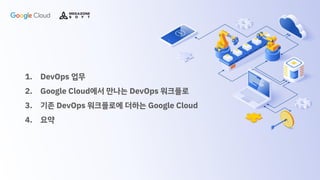 1. DevOps 업무
2. Google Cloud에서 만나는 DevOps 워크플로
3. 기존 DevOps 워크플로에 더하는 Google Cloud
4. 요약
 