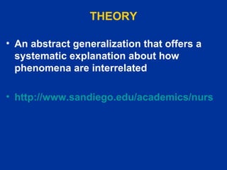 THEORY An abstract generalization that offers a systematic explanation about how phenomena are interrelated   http://www.sandiego.edu/academics/nursing/theory/#Models 