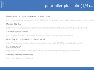 slidedby
nereÿs
©
pour aller plus loin (1/4)…
Minority Report’ style software to predict crime
http://xenophilius.wordpress.com/2010/09/03/minority-report-style-software-to-predict-crime
Morgan Stanley
http://www.morganstanley.com/institutional/techresearch/cm_summit_june2010.html
58'' multi-touch screen
http://www.3noobs.com/58-inch-multi-touch-screen-iphone-real-video/
Le mobile au centre de mon réseau social
http://www.websocialarchitecture.com/community/2008/08/a-conceptual-ma.html
Étude Flowtown
http://www.flowtown.com/blog/how-are-mobile-phones-changing-social-media
Vieilles Charrues by bookBeo
http://bookbeo.com/CAfest1
 