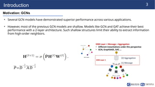 3
Introduction
Motivation: GCNs
• Several GCN models have demonstrated superior performance across various applications.
• However, most of the previous GCN models are shallow. Models like GCN and GAT achieve their best
performance with a 2-layer architecture. Such shallow structures limit their ability to extract information
from high-order neighbors.
~
𝑃=
~
𝐷
−
1
2~
𝐴
~
𝐷
−
1
2
 