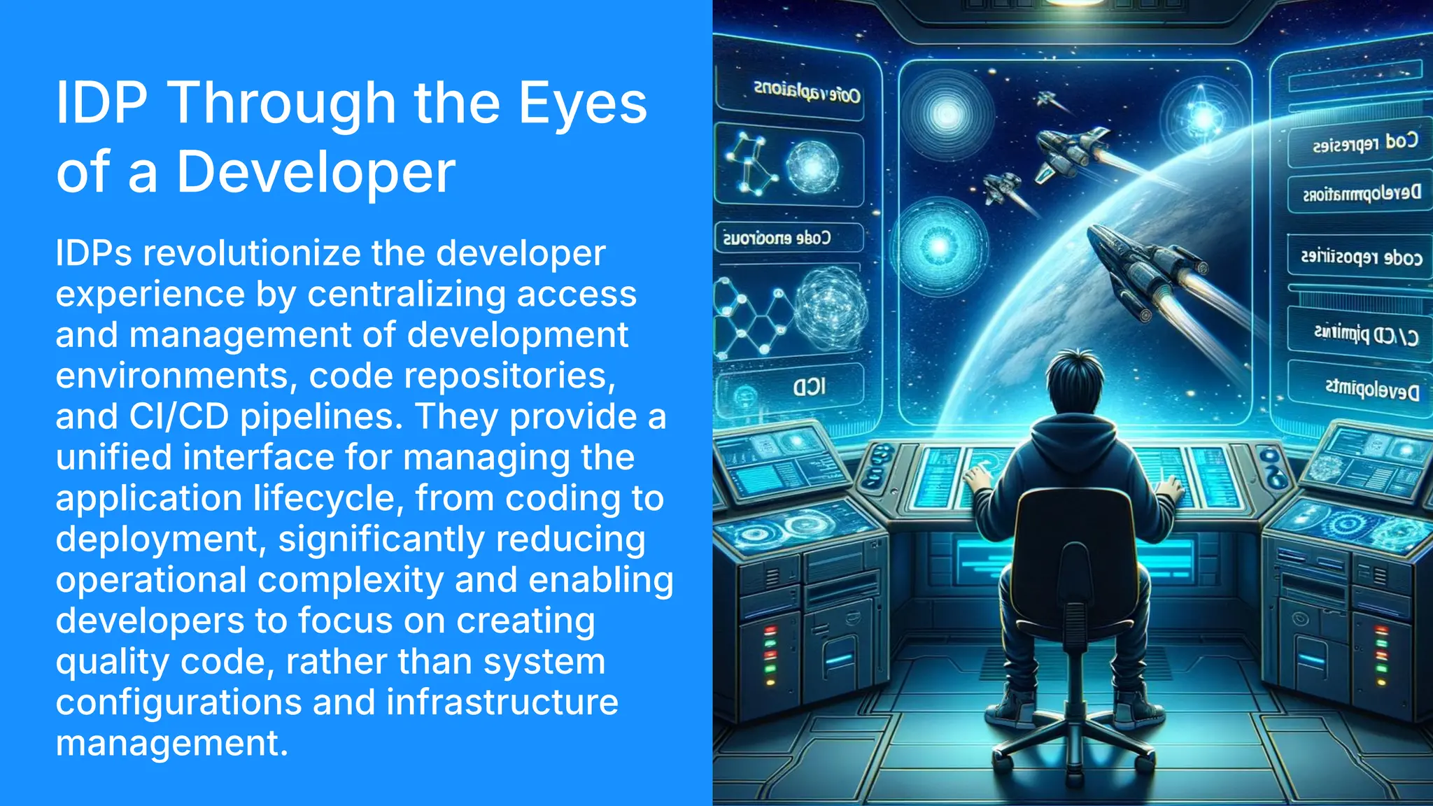 IDP Through the Eyes
of a Developer
IDPs revolutionize the developer
experience by centralizing access
and management of development
environments, code repositories,
and CI/CD pipelines. They provide a
unified interface for managing the
application lifecycle, from coding to
deployment, significantly reducing
operational complexity and enabling
developers to focus on creating
quality code, rather than system
configurations and infrastructure
management.
 