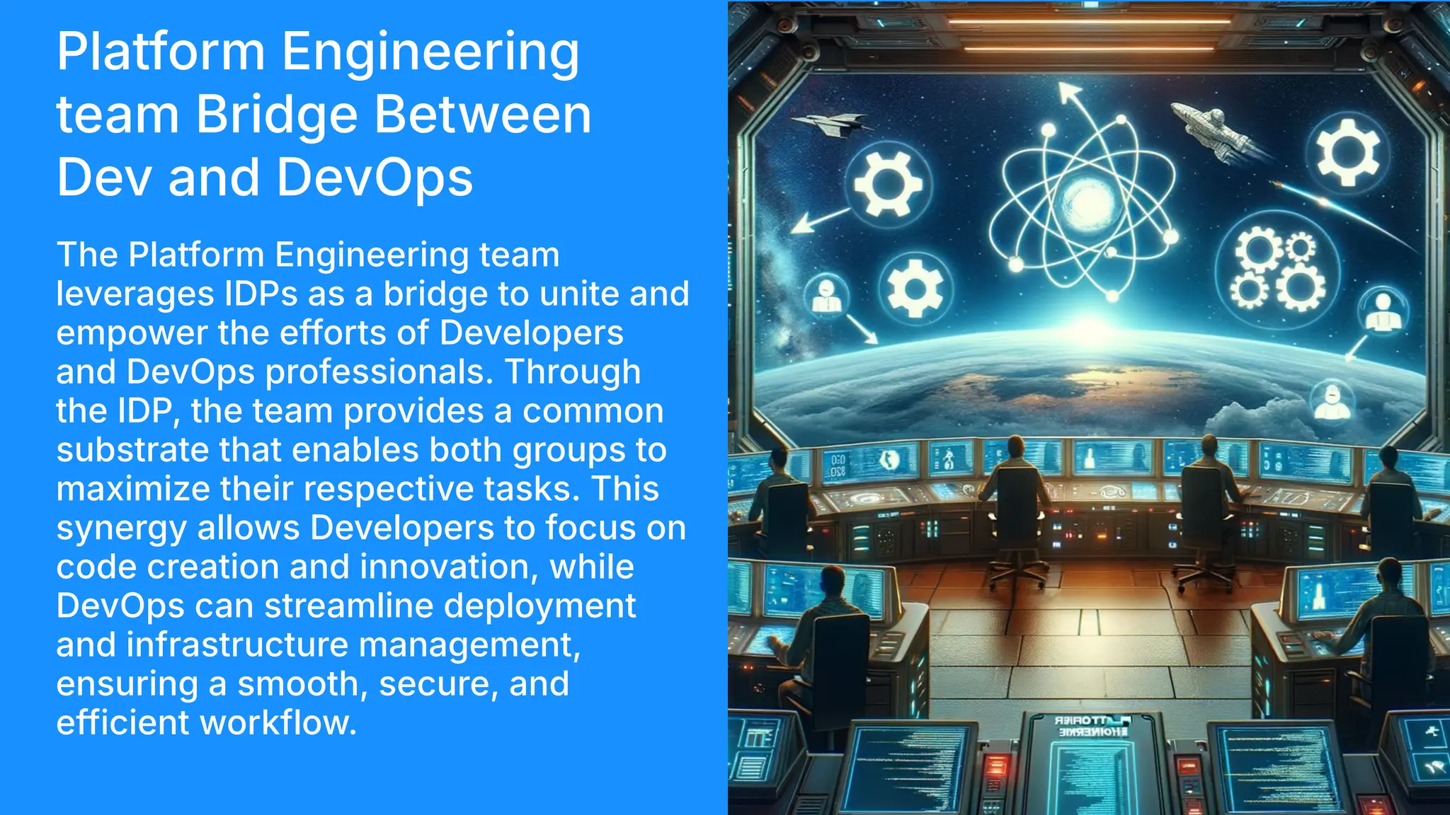 Platform Engineering
team Bridge Between
Dev and DevOps
The Platform Engineering team
leverages IDPs as a bridge to unite and
empower the efforts of Developers
and DevOps professionals. Through
the IDP, the team provides a common
substrate that enables both groups to
maximize their respective tasks. This
synergy allows Developers to focus on
code creation and innovation, while
DevOps can streamline deployment
and infrastructure management,
ensuring a smooth, secure, and
efficient workflow.
 