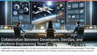 Cooperation between developers, DevOps professionals, and platform engineering teams is crucial. These three
roles work in close synergy, merging their specific skills to design, implement, and manage innovative solutions.
Collaboration Between Developers, DevOps, and
Platform Engineering Team
 