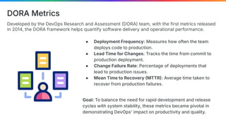 Developed by the DevOps Research and Assessment DORA) team, with the first metrics released
in 2014, the DORA framework helps quantify software delivery and operational performance.
DORA Metrics
● Deployment Frequency: Measures how often the team
deploys code to production.
● Lead Time for Changes: Tracks the time from commit to
production deployment.
● Change Failure Rate: Percentage of deployments that
lead to production issues.
● Mean Time to Recovery MTTR: Average time taken to
recover from production failures.
Goal: To balance the need for rapid development and release
cycles with system stability, these metrics became pivotal in
demonstrating DevOps' impact on productivity and quality.
 
