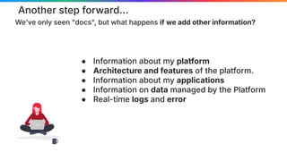 Another step forward...
We've only seen "docs", but what happens if we add other information?
● Information about my platform
● Architecture and features of the platform.
● Information about my applications
● Information on data managed by the Platform
● Real-time logs and error
 