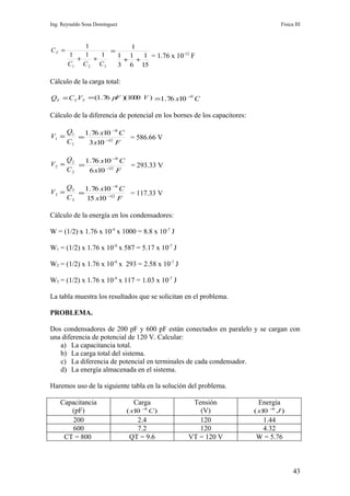 Ing. Reynaldo Sosa Domínguez                                                            Física III



           1          1
CT =              =
       1   1   1    1 1  1 = 1.76 x 10-12 F
         +   +       + +
       C1 C 2 C 3   3 6 15

Cálculo de la carga total:

QT = C T VT =(1.76 pF )(1000 V ) =1.76 x10 −9 C

Cálculo de la diferencia de potencial en los bornes de los capacitores:

       Q1   1.76 x10 −9 C
V1 =      =               = 586.66 V
       C1    3 x10 −12 F

       Q2   1.76 x10 −9 C
V2 =      =               = 293.33 V
       C2    6 x10 −12 F

       Q3   1.76 x10 −9 C
V3 =      =               = 117.33 V
       C3   15 x10 −12 F

Cálculo de la energía en los condensadores:

W = (1/2) x 1.76 x 10-9 x 1000 = 8.8 x 10-7 J

W1 = (1/2) x 1.76 x 10-9 x 587 = 5.17 x 10-7 J

W2 = (1/2) x 1.76 x 10-9 x 293 = 2.58 x 10-7 J

W3 = (1/2) x 1.76 x 10-9 x 117 = 1.03 x 10-7 J

La tabla muestra los resultados que se solicitan en el problema.

PROBLEMA.

Dos condensadores de 200 pF y 600 pF están conectados en paralelo y se cargan con
una diferencia de potencial de 120 V. Calcular:
   a) La capacitancia total.
   b) La carga total del sistema.
   c) La diferencia de potencial en terminales de cada condensador.
   d) La energía almacenada en el sistema.

Haremos uso de la siguiente tabla en la solución del problema.

    Capacitancia                 Carga             Tensión                 Energía
                                       −                                          −
       (pF)                    ( x10    8
                                            C)       (V)                  ( x10    6
                                                                                       J)
        200                      2.4                 120                   1.44
        600                      7.2                 120                   4.32
     CT = 800                  QT = 9.6           VT = 120 V              W = 5.76



                                                                                              43
 