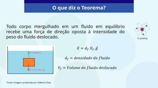 Todo corpo mergulhado em um fluido em equilíbrio
recebe uma força de direção oposta à intensidade do
peso do fluido deslocado.
O que diz o Teorema?
𝐸 = 𝑑𝑓. 𝑉𝑓. 𝑔
𝑑𝑓 = 𝑑𝑒𝑛𝑠𝑖𝑑𝑎𝑑𝑒 𝑑𝑜 𝑓𝑙𝑢𝑖𝑑𝑜
𝑉𝑓 = 𝑉𝑜𝑙𝑢𝑚𝑒 𝑑𝑜 𝑓𝑙𝑢𝑖𝑑𝑜 𝑑𝑒𝑠𝑙𝑜𝑐𝑎𝑑𝑜
Fonte: Imagem produzida por Gilberto Dias.
© pixabay
 