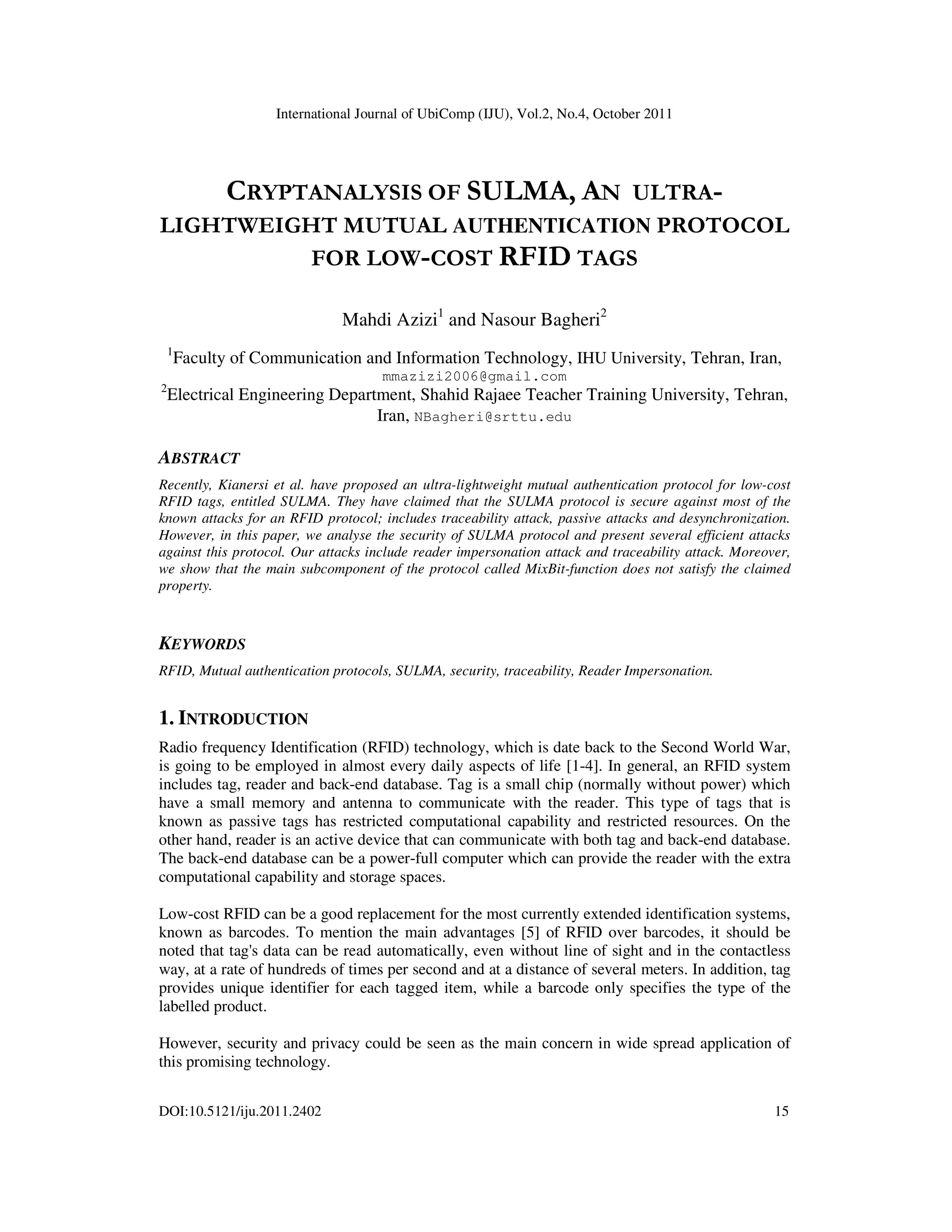 CRYPTANALYSIS OF SULMA, AN ULTRALIGHTWEIGHT MUTUAL AUTHENTICATION ...