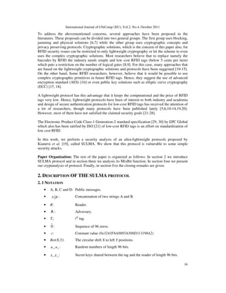 CRYPTANALYSIS OF SULMA, AN ULTRALIGHTWEIGHT MUTUAL AUTHENTICATION ...