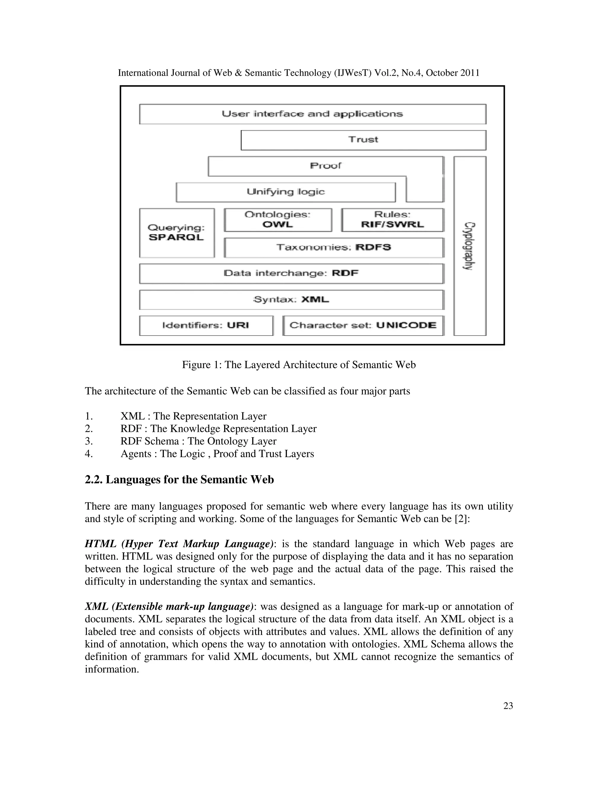 International Journal of Web & Semantic Technology (IJWesT) Vol.2, No.4, October 2011 23 Figure 1: The Layered Architecture of Semantic Web The architecture of the Semantic Web can be classified as four major parts 1. XML : The Representation Layer 2. RDF : The Knowledge Representation Layer 3. RDF Schema : The Ontology Layer 4. Agents : The Logic , Proof and Trust Layers 2.2. Languages for the Semantic Web There are many languages proposed for semantic web where every language has its own utility and style of scripting and working. Some of the languages for Semantic Web can be [2]: HTML (Hyper Text Markup Language): is the standard language in which Web pages are written. HTML was designed only for the purpose of displaying the data and it has no separation between the logical structure of the web page and the actual data of the page. This raised the difficulty in understanding the syntax and semantics. XML (Extensible mark-up language): was designed as a language for mark-up or annotation of documents. XML separates the logical structure of the data from data itself. An XML object is a labeled tree and consists of objects with attributes and values. XML allows the definition of any kind of annotation, which opens the way to annotation with ontologies. XML Schema allows the definition of grammars for valid XML documents, but XML cannot recognize the semantics of information. 
