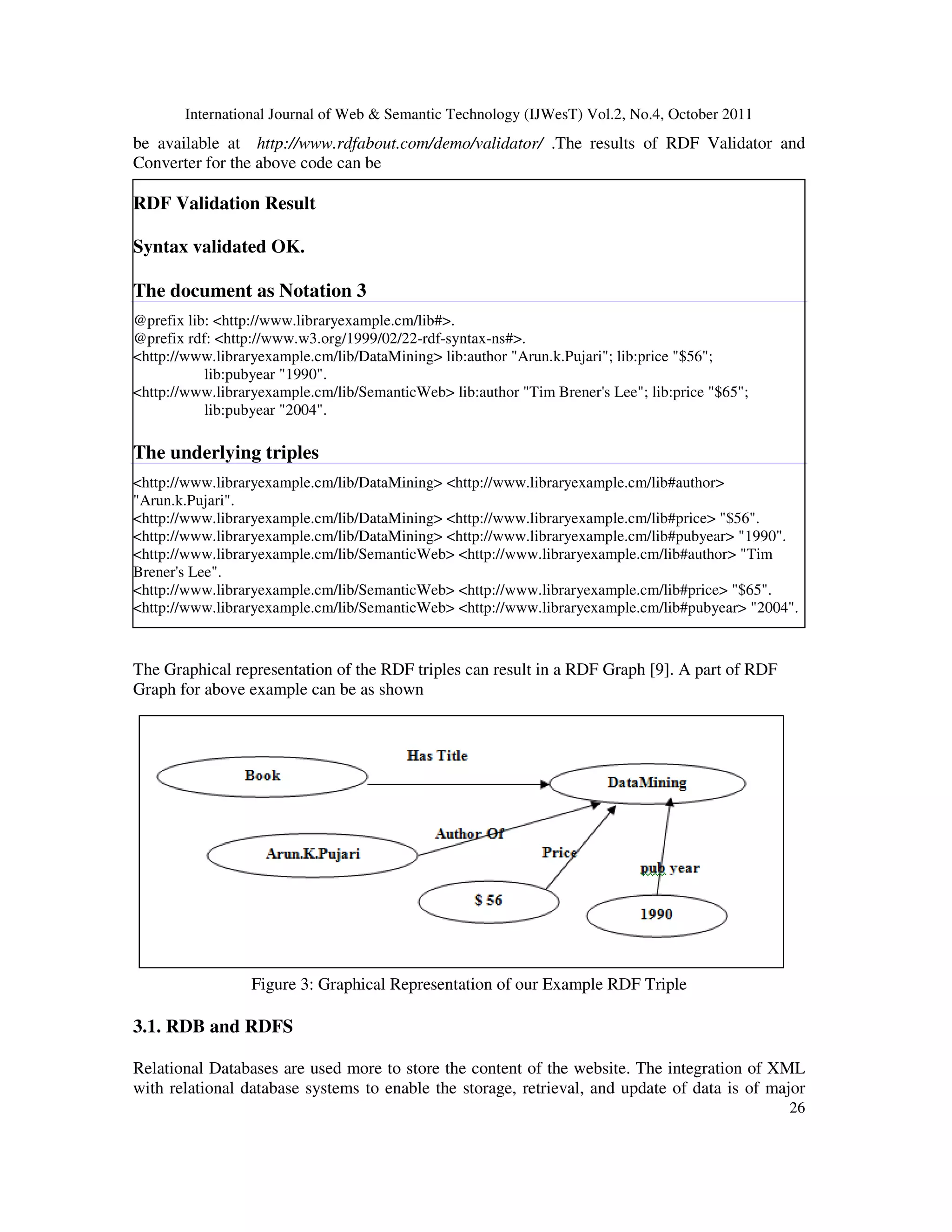 International Journal of Web & Semantic Technology (IJWesT) Vol.2, No.4, October 2011 26 be available at http://www.rdfabout.com/demo/validator/ .The results of RDF Validator and Converter for the above code can be RDF Validation Result Syntax validated OK. The document as Notation 3 @prefix lib: <http://www.libraryexample.cm/lib#>. @prefix rdf: <http://www.w3.org/1999/02/22-rdf-syntax-ns#>. <http://www.libraryexample.cm/lib/DataMining> lib:author "Arun.k.Pujari"; lib:price "$56"; lib:pubyear "1990". <http://www.libraryexample.cm/lib/SemanticWeb> lib:author "Tim Brener's Lee"; lib:price "$65"; lib:pubyear "2004". The underlying triples <http://www.libraryexample.cm/lib/DataMining> <http://www.libraryexample.cm/lib#author> "Arun.k.Pujari". <http://www.libraryexample.cm/lib/DataMining> <http://www.libraryexample.cm/lib#price> "$56". <http://www.libraryexample.cm/lib/DataMining> <http://www.libraryexample.cm/lib#pubyear> "1990". <http://www.libraryexample.cm/lib/SemanticWeb> <http://www.libraryexample.cm/lib#author> "Tim Brener's Lee". <http://www.libraryexample.cm/lib/SemanticWeb> <http://www.libraryexample.cm/lib#price> "$65". <http://www.libraryexample.cm/lib/SemanticWeb> <http://www.libraryexample.cm/lib#pubyear> "2004". The Graphical representation of the RDF triples can result in a RDF Graph [9]. A part of RDF Graph for above example can be as shown Figure 3: Graphical Representation of our Example RDF Triple 3.1. RDB and RDFS Relational Databases are used more to store the content of the website. The integration of XML with relational database systems to enable the storage, retrieval, and update of data is of major 