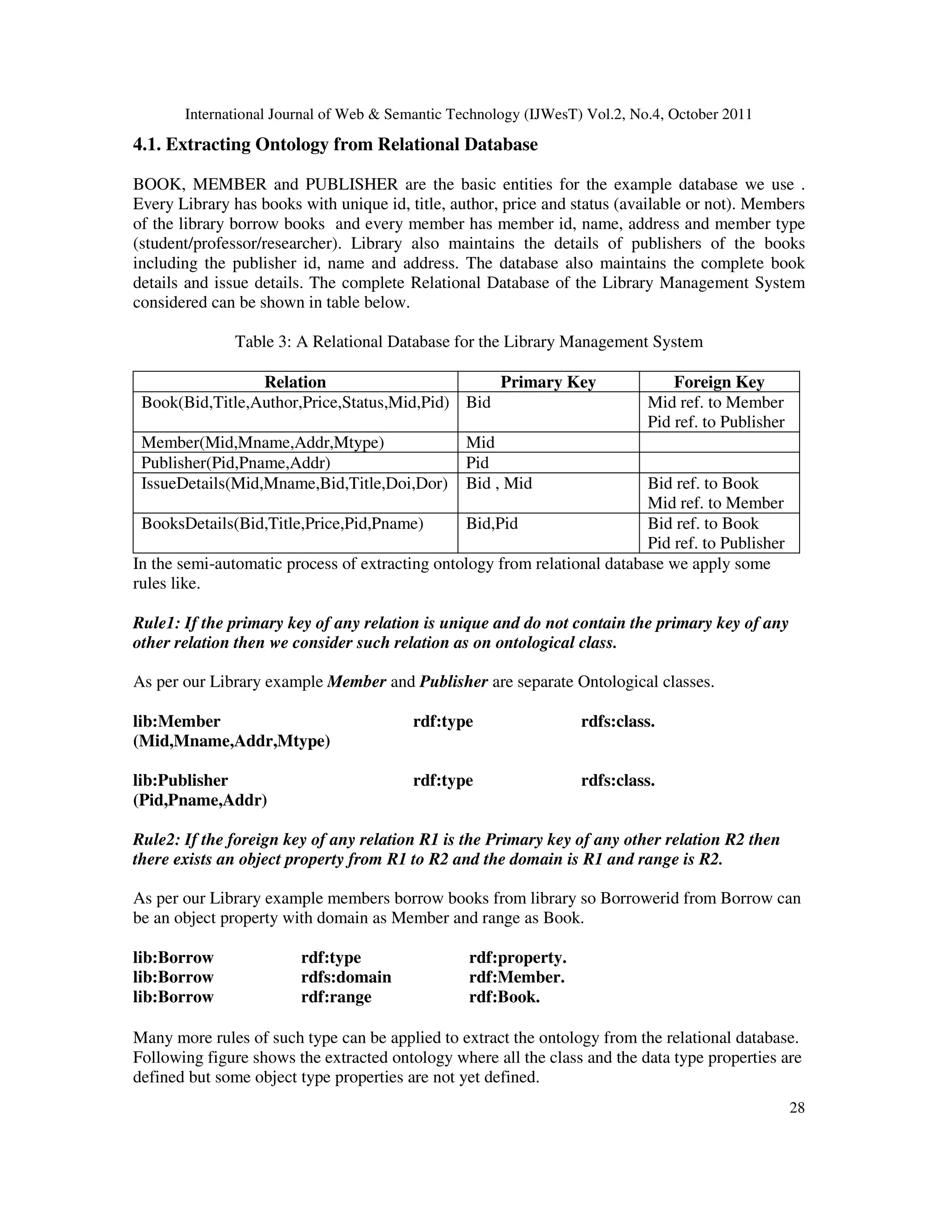 International Journal of Web & Semantic Technology (IJWesT) Vol.2, No.4, October 2011 28 4.1. Extracting Ontology from Relational Database BOOK, MEMBER and PUBLISHER are the basic entities for the example database we use . Every Library has books with unique id, title, author, price and status (available or not). Members of the library borrow books and every member has member id, name, address and member type (student/professor/researcher). Library also maintains the details of publishers of the books including the publisher id, name and address. The database also maintains the complete book details and issue details. The complete Relational Database of the Library Management System considered can be shown in table below. Table 3: A Relational Database for the Library Management System Relation Primary Key Foreign Key Book(Bid,Title,Author,Price,Status,Mid,Pid) Bid Mid ref. to Member Pid ref. to Publisher Member(Mid,Mname,Addr,Mtype) Mid Publisher(Pid,Pname,Addr) Pid IssueDetails(Mid,Mname,Bid,Title,Doi,Dor) Bid , Mid Bid ref. to Book Mid ref. to Member BooksDetails(Bid,Title,Price,Pid,Pname) Bid,Pid Bid ref. to Book Pid ref. to Publisher In the semi-automatic process of extracting ontology from relational database we apply some rules like. Rule1: If the primary key of any relation is unique and do not contain the primary key of any other relation then we consider such relation as on ontological class. As per our Library example Member and Publisher are separate Ontological classes. lib:Member rdf:type rdfs:class. (Mid,Mname,Addr,Mtype) lib:Publisher rdf:type rdfs:class. (Pid,Pname,Addr) Rule2: If the foreign key of any relation R1 is the Primary key of any other relation R2 then there exists an object property from R1 to R2 and the domain is R1 and range is R2. As per our Library example members borrow books from library so Borrowerid from Borrow can be an object property with domain as Member and range as Book. lib:Borrow rdf:type rdf:property. lib:Borrow rdfs:domain rdf:Member. lib:Borrow rdf:range rdf:Book. Many more rules of such type can be applied to extract the ontology from the relational database. Following figure shows the extracted ontology where all the class and the data type properties are defined but some object type properties are not yet defined. 