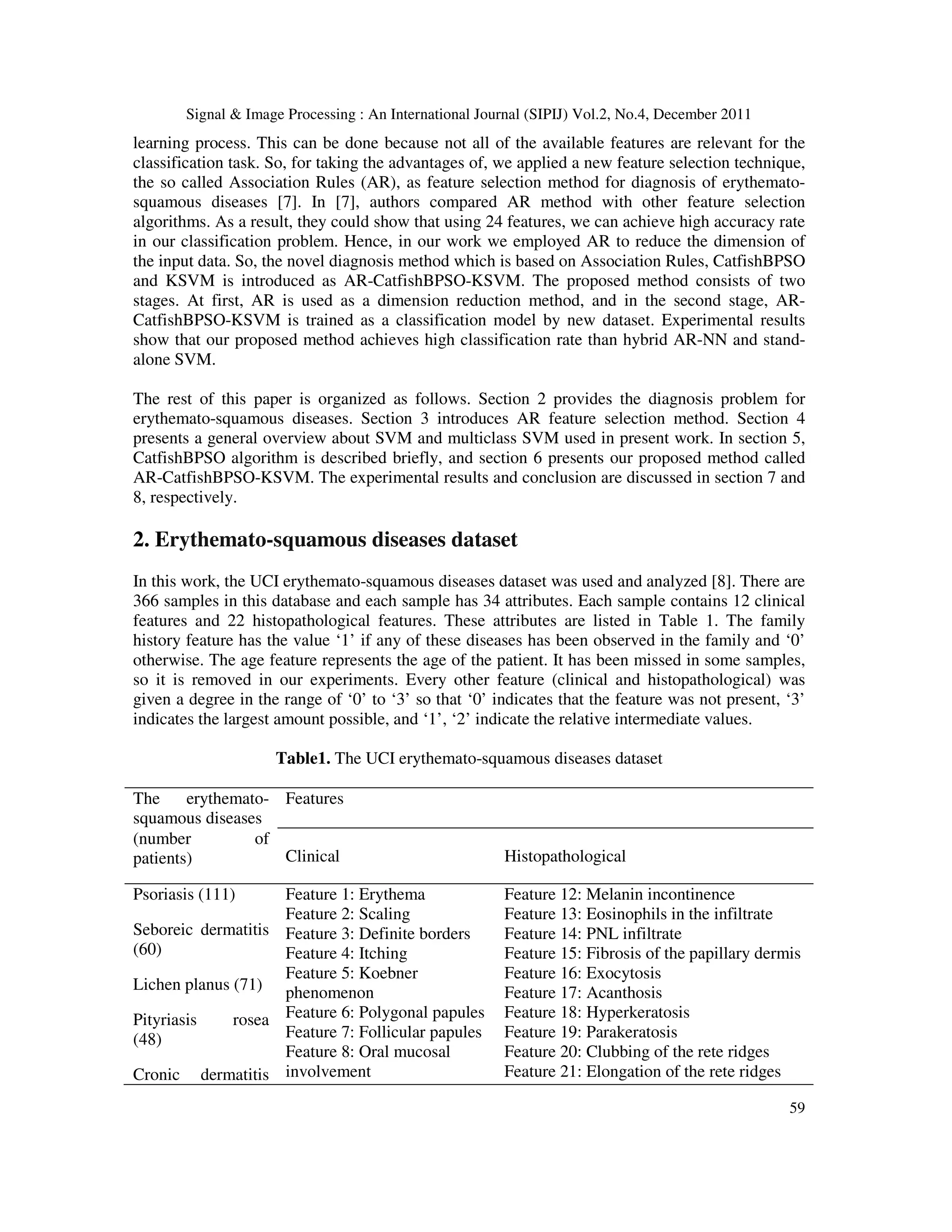 Signal & Image Processing : An International Journal (SIPIJ) Vol.2, No.4, December 2011
59
learning process. This can be done because not all of the available features are relevant for the
classification task. So, for taking the advantages of, we applied a new feature selection technique,
the so called Association Rules (AR), as feature selection method for diagnosis of erythemato-
squamous diseases [7]. In [7], authors compared AR method with other feature selection
algorithms. As a result, they could show that using 24 features, we can achieve high accuracy rate
in our classification problem. Hence, in our work we employed AR to reduce the dimension of
the input data. So, the novel diagnosis method which is based on Association Rules, CatfishBPSO
and KSVM is introduced as AR-CatfishBPSO-KSVM. The proposed method consists of two
stages. At first, AR is used as a dimension reduction method, and in the second stage, AR-
CatfishBPSO-KSVM is trained as a classification model by new dataset. Experimental results
show that our proposed method achieves high classification rate than hybrid AR-NN and stand-
alone SVM.
The rest of this paper is organized as follows. Section 2 provides the diagnosis problem for
erythemato-squamous diseases. Section 3 introduces AR feature selection method. Section 4
presents a general overview about SVM and multiclass SVM used in present work. In section 5,
CatfishBPSO algorithm is described briefly, and section 6 presents our proposed method called
AR-CatfishBPSO-KSVM. The experimental results and conclusion are discussed in section 7 and
8, respectively.
2. Erythemato-squamous diseases dataset
In this work, the UCI erythemato-squamous diseases dataset was used and analyzed [8]. There are
366 samples in this database and each sample has 34 attributes. Each sample contains 12 clinical
features and 22 histopathological features. These attributes are listed in Table 1. The family
history feature has the value ‘1’ if any of these diseases has been observed in the family and ‘0’
otherwise. The age feature represents the age of the patient. It has been missed in some samples,
so it is removed in our experiments. Every other feature (clinical and histopathological) was
given a degree in the range of ‘0’ to ‘3’ so that ‘0’ indicates that the feature was not present, ‘3’
indicates the largest amount possible, and ‘1’, ‘2’ indicate the relative intermediate values.
Table1. The UCI erythemato-squamous diseases dataset
The erythemato-
squamous diseases
Features
(number of
patients) Clinical Histopathological
Psoriasis (111)
Seboreic dermatitis
(60)
Lichen planus (71)
Pityriasis rosea
(48)
Cronic dermatitis
Feature 1: Erythema
Feature 2: Scaling
Feature 3: Definite borders
Feature 4: Itching
Feature 5: Koebner
phenomenon
Feature 6: Polygonal papules
Feature 7: Follicular papules
Feature 8: Oral mucosal
involvement
Feature 12: Melanin incontinence
Feature 13: Eosinophils in the infiltrate
Feature 14: PNL infiltrate
Feature 15: Fibrosis of the papillary dermis
Feature 16: Exocytosis
Feature 17: Acanthosis
Feature 18: Hyperkeratosis
Feature 19: Parakeratosis
Feature 20: Clubbing of the rete ridges
Feature 21: Elongation of the rete ridges
 