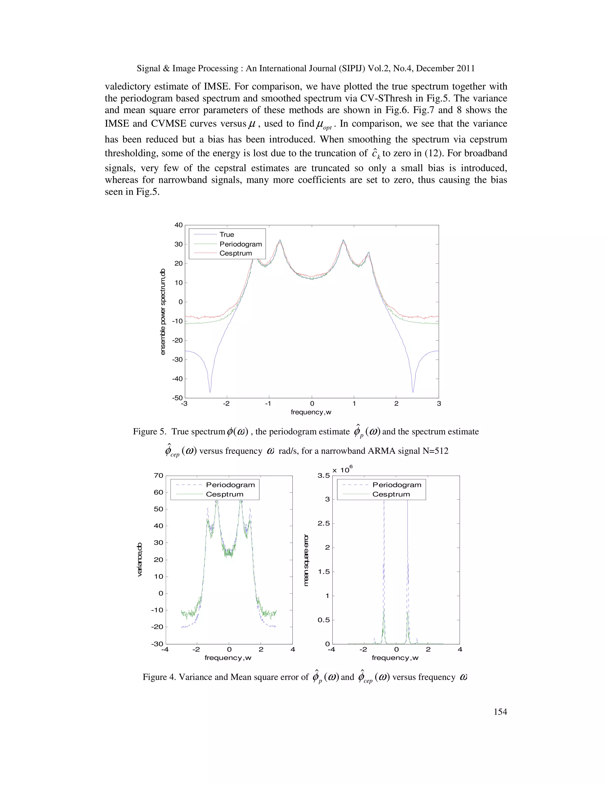 Signal & Image Processing : An International Journal (SIPIJ) Vol.2, No.4, December 2011
154
valedictory estimate of IMSE. For comparison, we have plotted the true spectrum together with
the periodogram based spectrum and smoothed spectrum via CV-SThresh in Fig.5. The variance
and mean square error parameters of these methods are shown in Fig.6. Fig.7 and 8 shows the
IMSE and CVMSE curves versus µ , used to find opt
µ . In comparison, we see that the variance
has been reduced but a bias has been introduced. When smoothing the spectrum via cepstrum
thresholding, some of the energy is lost due to the truncation of k
ĉ to zero in (12). For broadband
signals, very few of the cepstral estimates are truncated so only a small bias is introduced,
whereas for narrowband signals, many more coefficients are set to zero, thus causing the bias
seen in Fig.5.
-3 -2 -1 0 1 2 3
-50
-40
-30
-20
-10
0
10
20
30
40
ensemble
power
spectrum,db
frequency,w
True
Periodogram
Cesptrum
Figure 5. True spectrum )
(ω
φ , the periodogram estimate )
(
ˆ ω
φp and the spectrum estimate
)
(
ˆ ω
φcep versus frequency ω rad/s, for a narrowband ARMA signal N=512
-4 -2 0 2 4
-30
-20
-10
0
10
20
30
40
50
60
70
va
ria
n
ce
,d
b
frequency,w
Periodogram
Cesptrum
-4 -2 0 2 4
0
0.5
1
1.5
2
2.5
3
3.5
x 10
6
m
e
a
n
sq
u
a
re
e
rro
r
frequency,w
Periodogram
Cesptrum
Figure 4. Variance and Mean square error of )
(
ˆ ω
φp and )
(
ˆ ω
φcep versus frequency ω
 