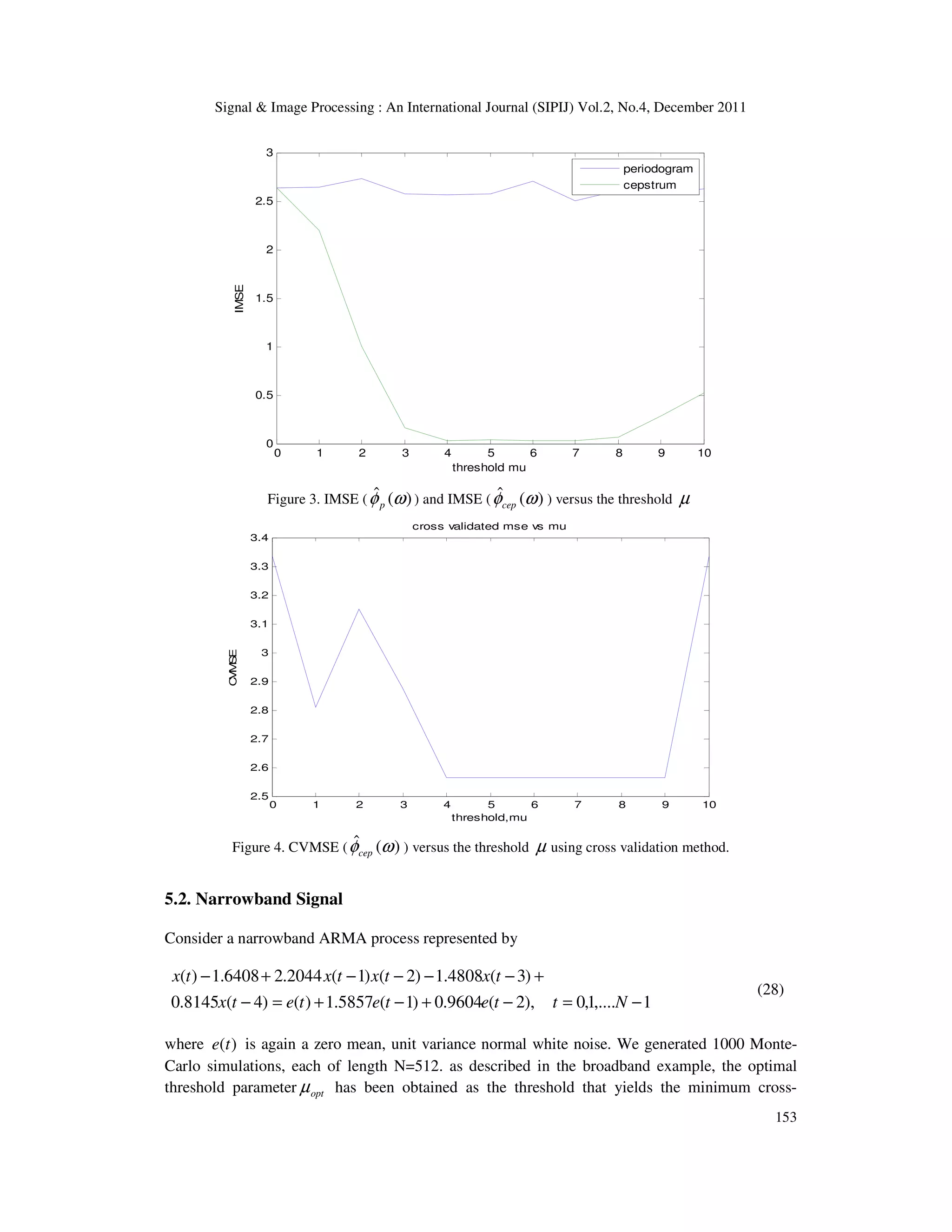 Signal & Image Processing : An International Journal (SIPIJ) Vol.2, No.4, December 2011
153
0 1 2 3 4 5 6 7 8 9 10
0
0.5
1
1.5
2
2.5
3
threshold mu
IMSE
periodogram
cepstrum
Figure 3. IMSE ( )
(
ˆ ω
φp ) and IMSE ( )
(
ˆ ω
φcep ) versus the threshold µ
0 1 2 3 4 5 6 7 8 9 10
2.5
2.6
2.7
2.8
2.9
3
3.1
3.2
3.3
3.4
threshold,mu
C
V
M
S
E
cross validated mse vs mu
Figure 4. CVMSE ( )
(
ˆ ω
φcep ) versus the threshold µ using cross validation method.
5.2. Narrowband Signal
Consider a narrowband ARMA process represented by
1
,....
1
,
0
),
2
(
9604
.
0
)
1
(
5857
.
1
)
(
)
4
(
8145
.
0
)
3
(
4808
.
1
)
2
(
)
1
(
2044
.
2
6408
.
1
)
(
−
=
−
+
−
+
=
−
+
−
−
−
−
+
−
N
t
t
e
t
e
t
e
t
x
t
x
t
x
t
x
t
x
(28)
where )
(t
e is again a zero mean, unit variance normal white noise. We generated 1000 Monte-
Carlo simulations, each of length N=512. as described in the broadband example, the optimal
threshold parameter opt
µ has been obtained as the threshold that yields the minimum cross-
 