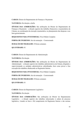 CARGO: Diretor do Departamento de Finanças e Orçamento
NATUREZA: De direção e chefia
SÍNTESE DAS ATRIBUIÇÕES: São atribuições do Diretor do Departamento de
Finanças e Orçamento – a direção superior dos trabalhos financeiros e orçamentários da
Câmara, na coordenação da execução orçamentária, no planejamento das despesas e seu
bom gerenciamento.
REQUISITOS PARA INVESTIDURA: Nível Médio Completo
FORMA DE INGRESSO: Ato de nomeação – Comissionado
DURAÇÃO DO TRABALHO: 30 horas semanais
QUANTIDADE: 01
CARGO: Diretor do Departamento de Administração
NATUREZA: De direção
SÍNTESE DAS ATRIBUIÇÕES: São atribuições do Diretor do Departamento de
Administração – a direção superior dos trabalhos administrativos da Câmara, dirigindo e
supervisionando as unidades administrativas subordinadas, bem como prover a boa
execução dos trabalhos obedecendo ao Regimento Interno.
REQUISITOS PARA INVESTIDURA: Nível Médio Completo
FORMA DE INGRESSO: Ato de nomeação – Comissionado
DURAÇÃO DO TRABALHO: 30 horas semanais
QUANTIDADE: 01
CARGO: Diretor do Departamento Legislativo
NATUREZA: De direção
SÍNTESE DAS ATRIBUIÇÕES: São atribuições do Diretor do Departamento
Legislativo – a direção superior dos trabalhos relacionados à ordem do processo
legislativo, visando ao bom e fiel cumprimento do Regimento Interno e das normas
15
 