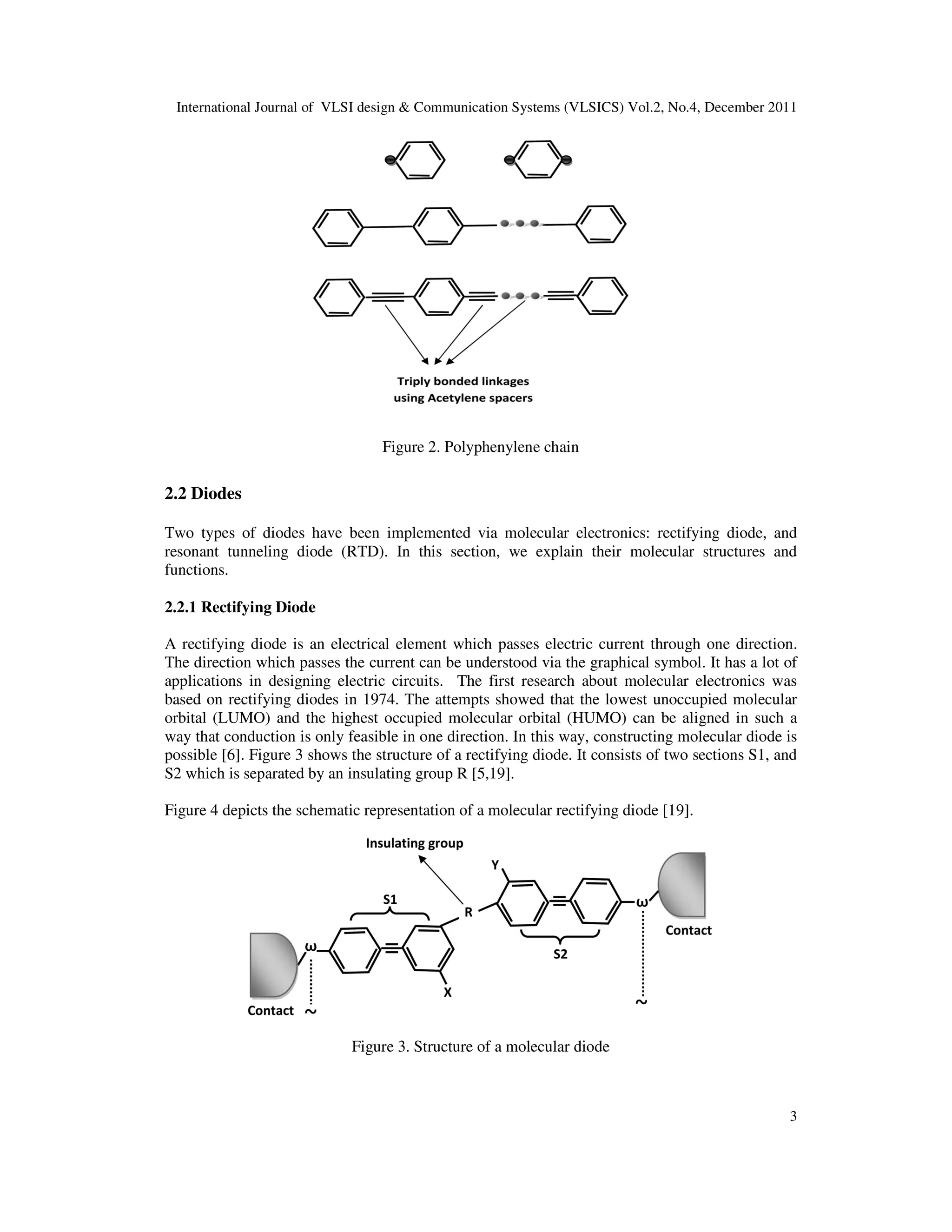 International Journal of VLSI design & Communication Systems (VLSICS) Vol.2, No.4, December 2011
3
Figure 2. Polyphenylene chain
2.2 Diodes
Two types of diodes have been implemented via molecular electronics: rectifying diode, and
resonant tunneling diode (RTD). In this section, we explain their molecular structures and
functions.
2.2.1 Rectifying Diode
A rectifying diode is an electrical element which passes electric current through one direction.
The direction which passes the current can be understood via the graphical symbol. It has a lot of
applications in designing electric circuits. The first research about molecular electronics was
based on rectifying diodes in 1974. The attempts showed that the lowest unoccupied molecular
orbital (LUMO) and the highest occupied molecular orbital (HUMO) can be aligned in such a
way that conduction is only feasible in one direction. In this way, constructing molecular diode is
possible [6]. Figure 3 shows the structure of a rectifying diode. It consists of two sections S1, and
S2 which is separated by an insulating group R [5,19].
Figure 4 depicts the schematic representation of a molecular rectifying diode [19].
Figure 3. Structure of a molecular diode
 